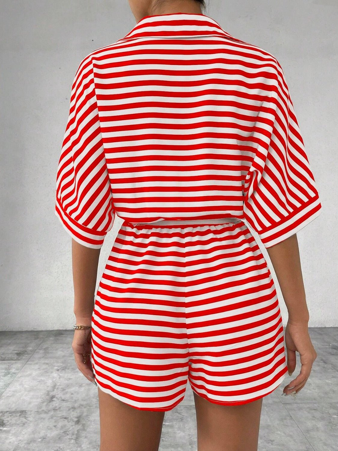 Tie Waist Half Button Striped Romper - ViarousViarousViarous