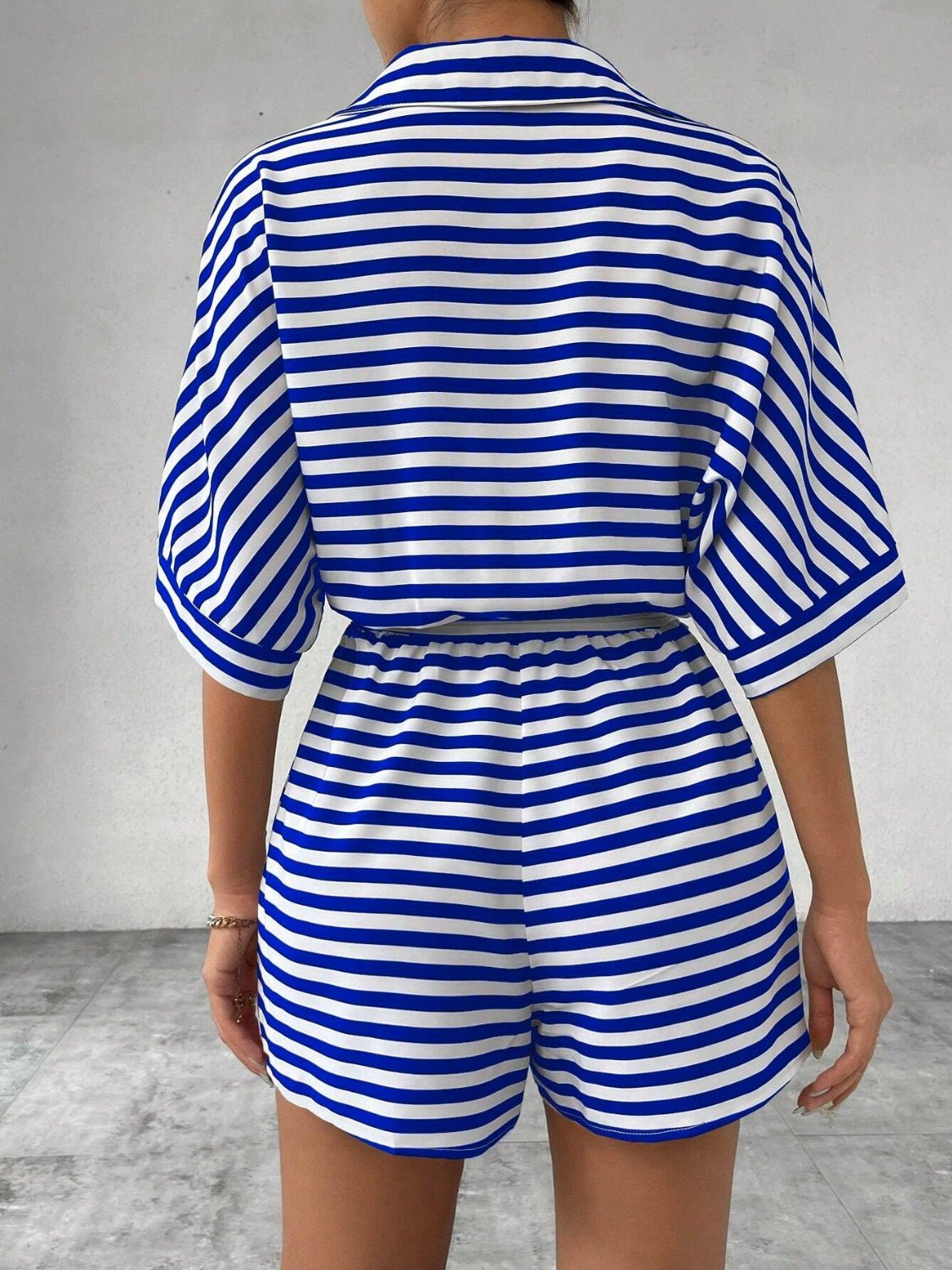 Tie Waist Half Button Striped Romper - ViarousViarousViarous