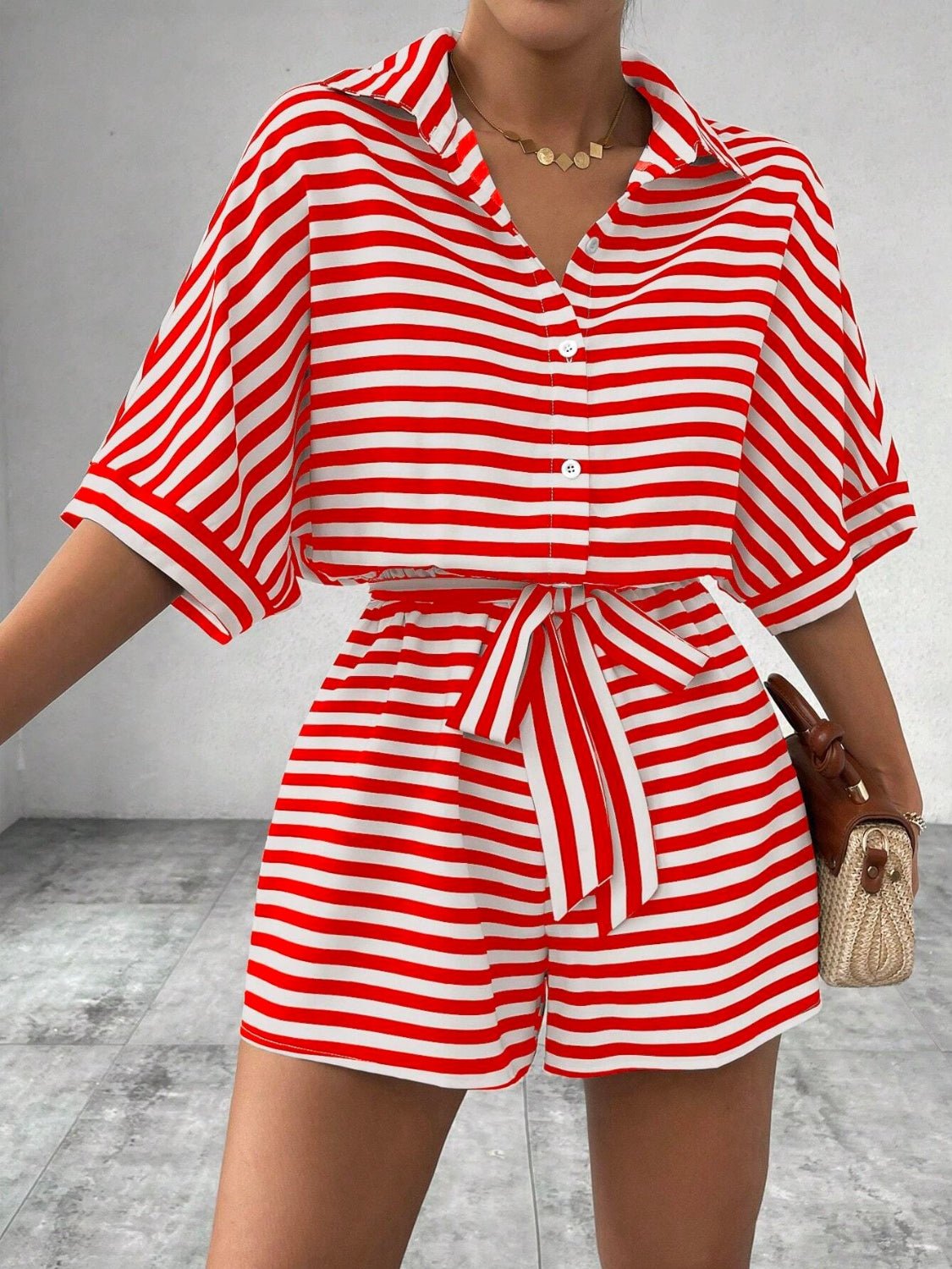Tie Waist Half Button Striped Romper - ViarousViarousViarous