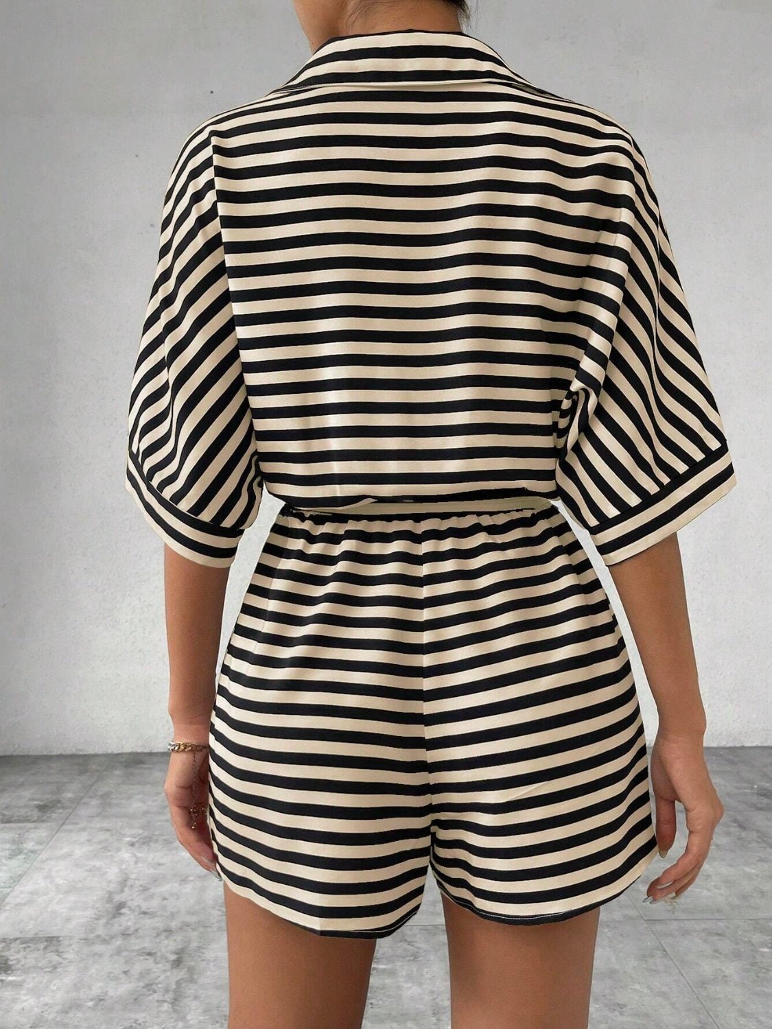 Tie Waist Half Button Striped Romper - ViarousViarousViarous