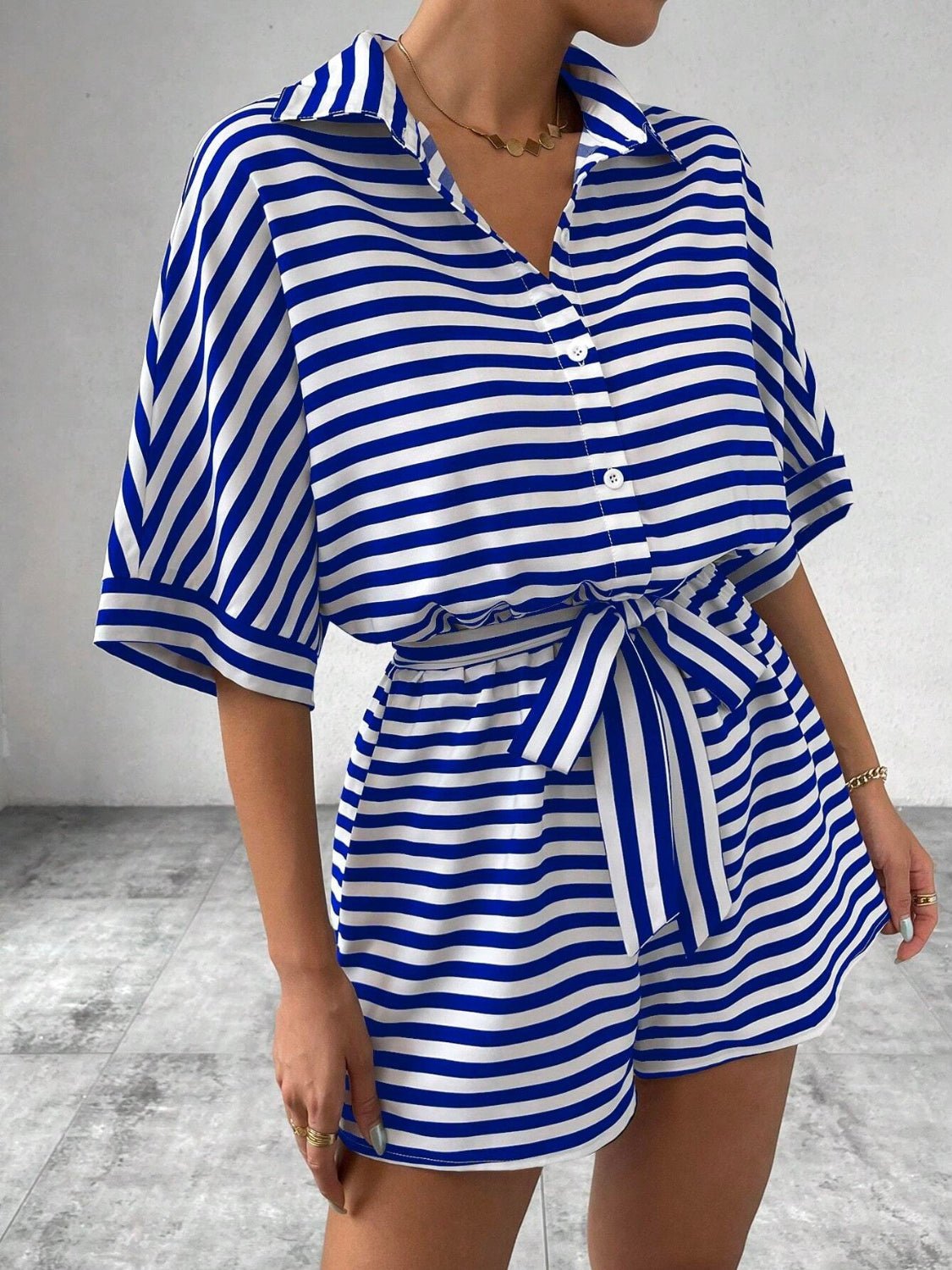 Tie Waist Half Button Striped Romper - ViarousViarousViarous