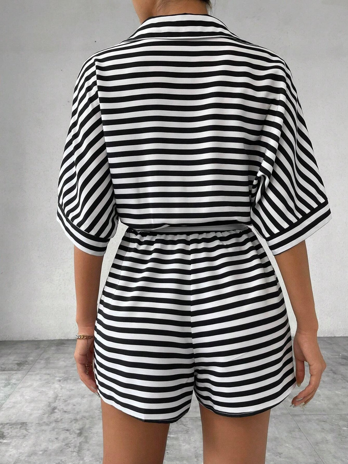 Tie Waist Half Button Striped Romper - ViarousViarousViarous