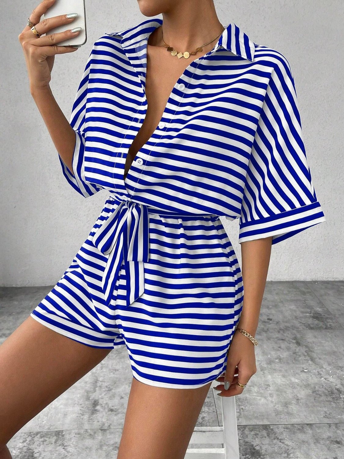Tie Waist Half Button Striped Romper - ViarousViarousViarous