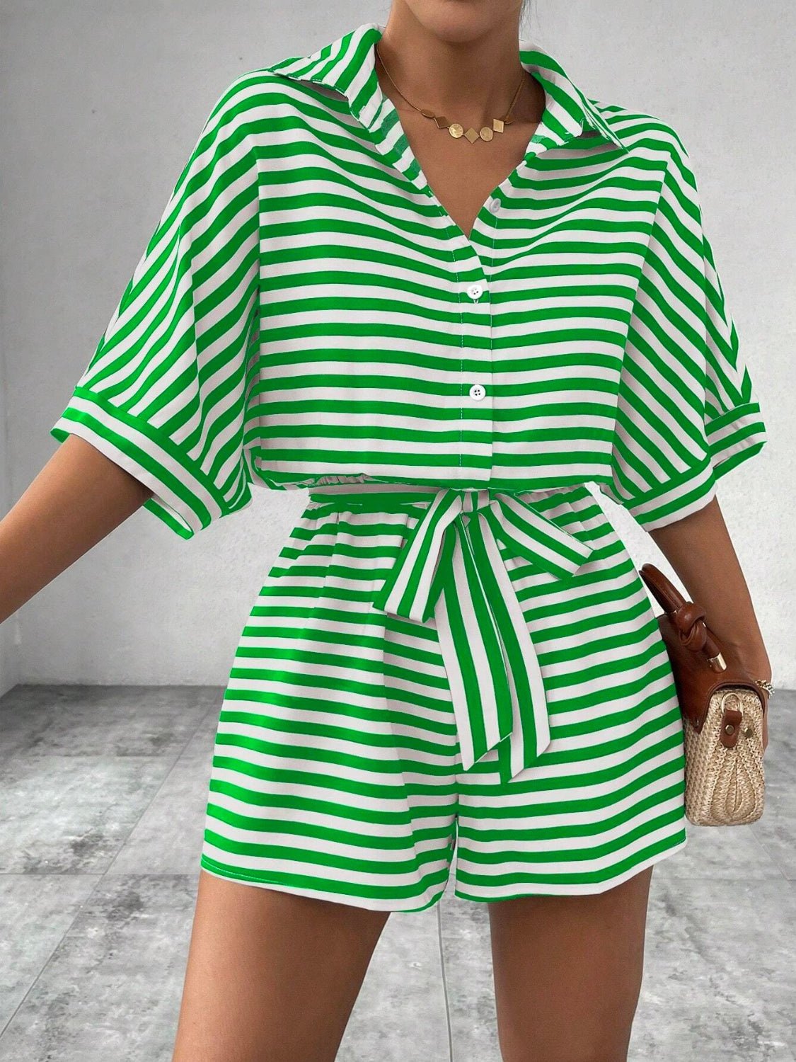 Tie Waist Half Button Striped Romper - ViarousViarousViarous