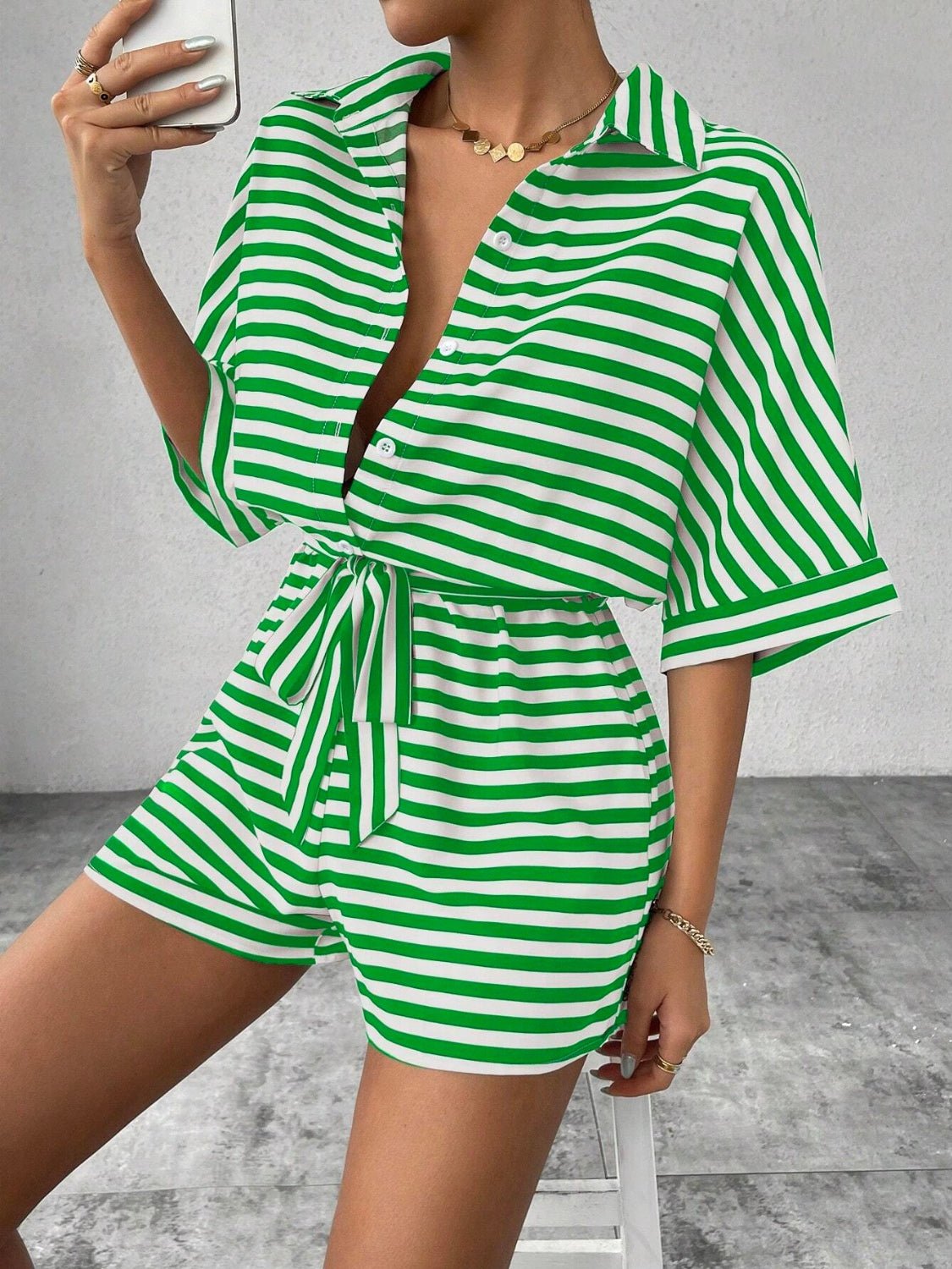 Tie Waist Half Button Striped Romper - ViarousViarousViarous