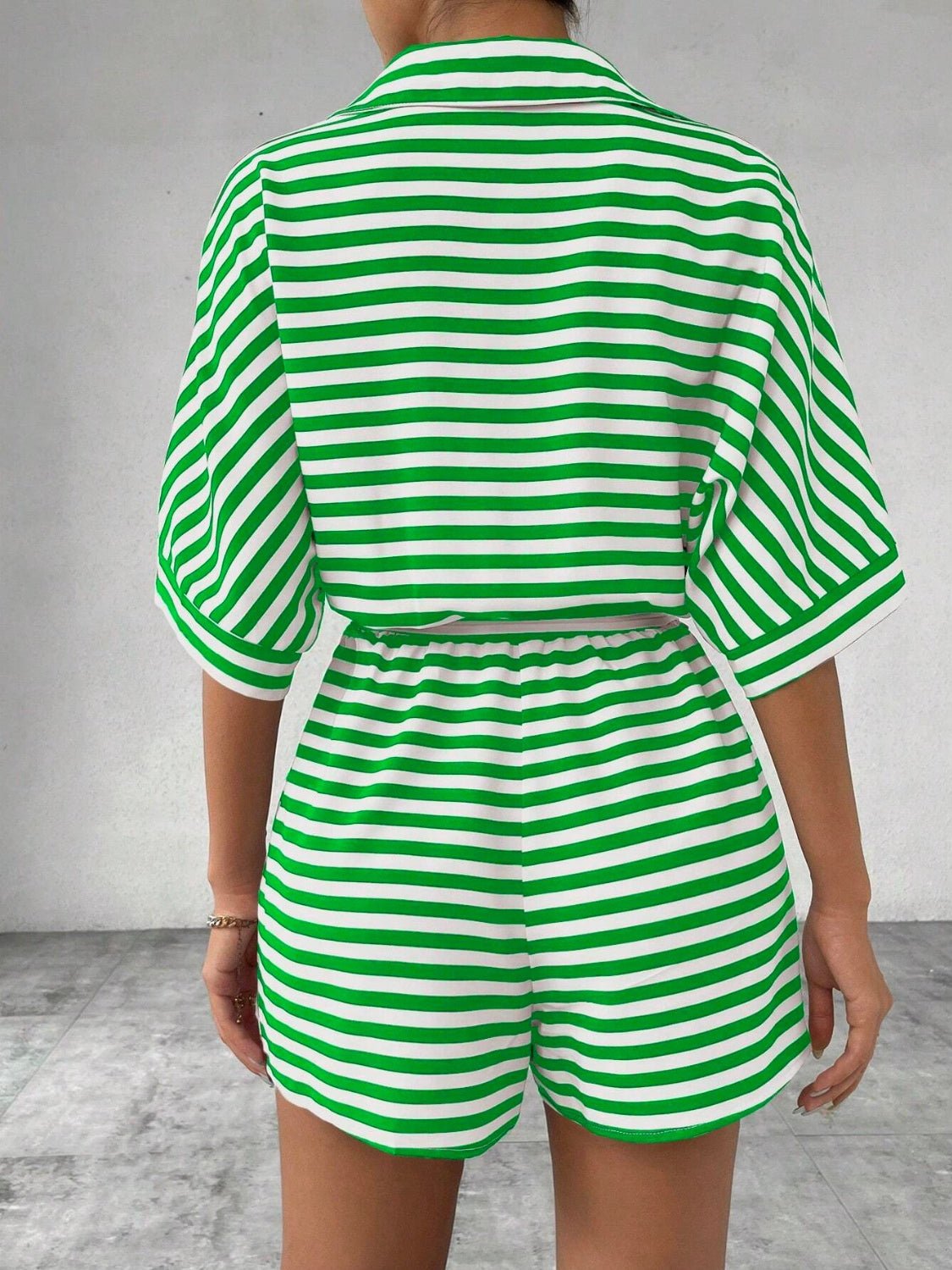 Tie Waist Half Button Striped Romper - ViarousViarousViarous