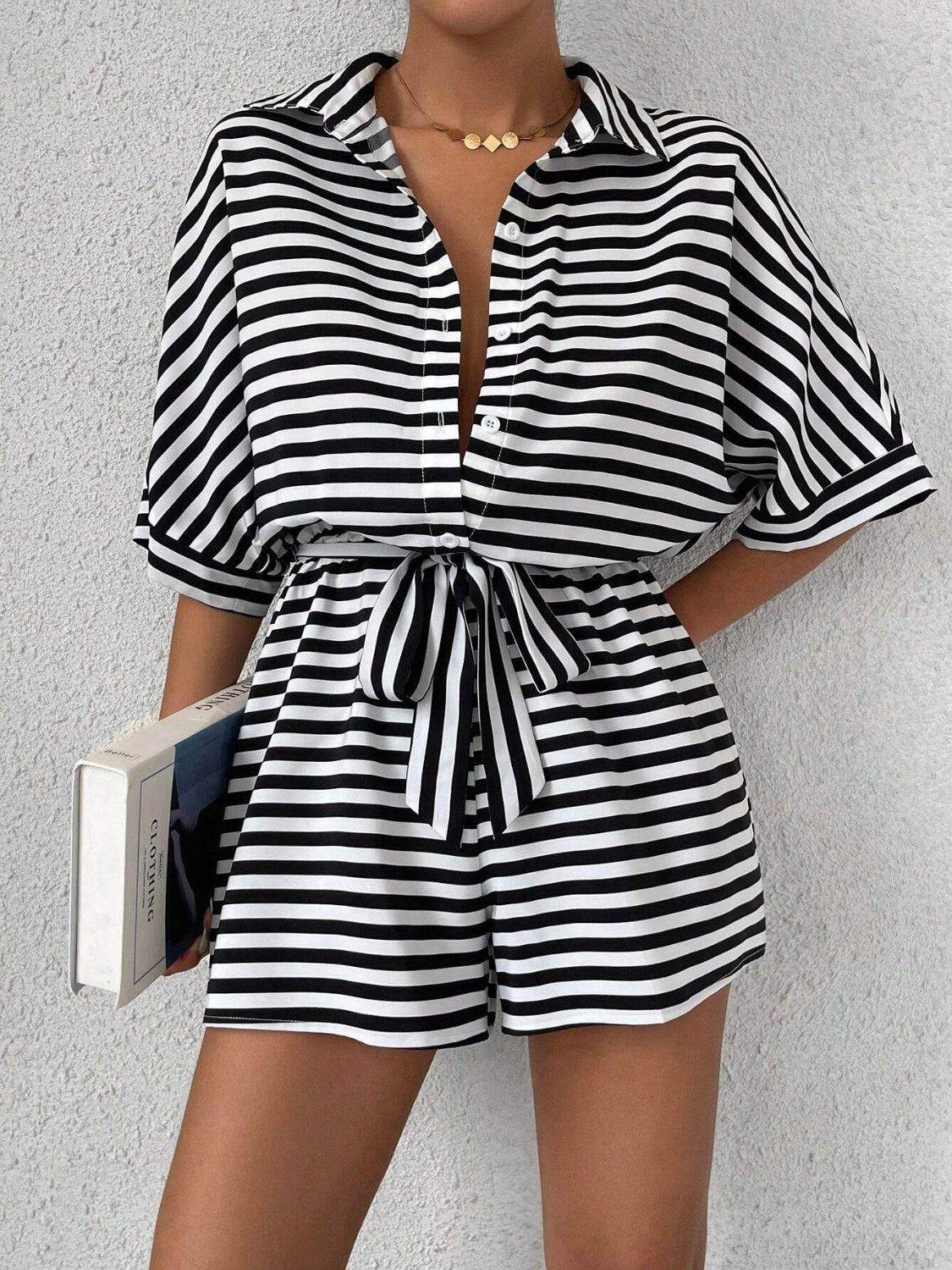 Tie Waist Half Button Striped Romper - ViarousViarousViarous