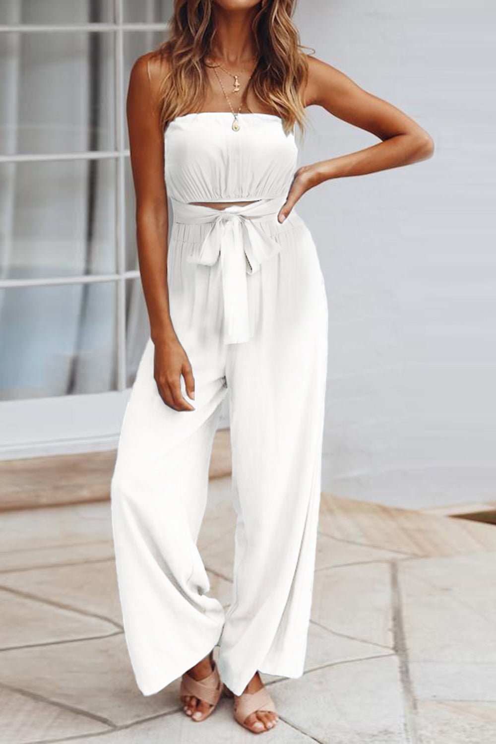 Tied Cutout Tube Wide Leg Jumpsuit - ViarousViarousViarous