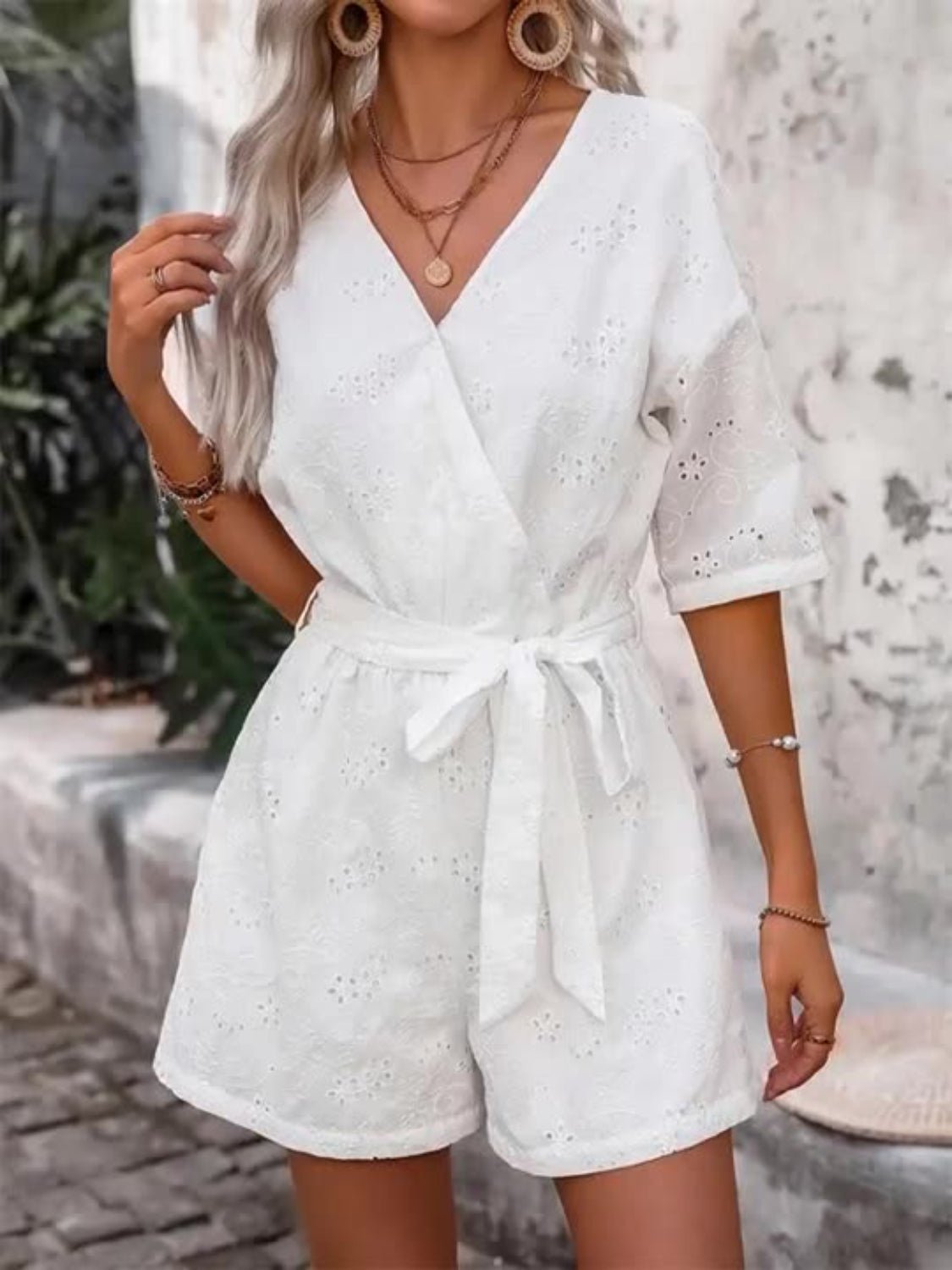 Tied Front Eyelet Romper - ViarousViarousViarous