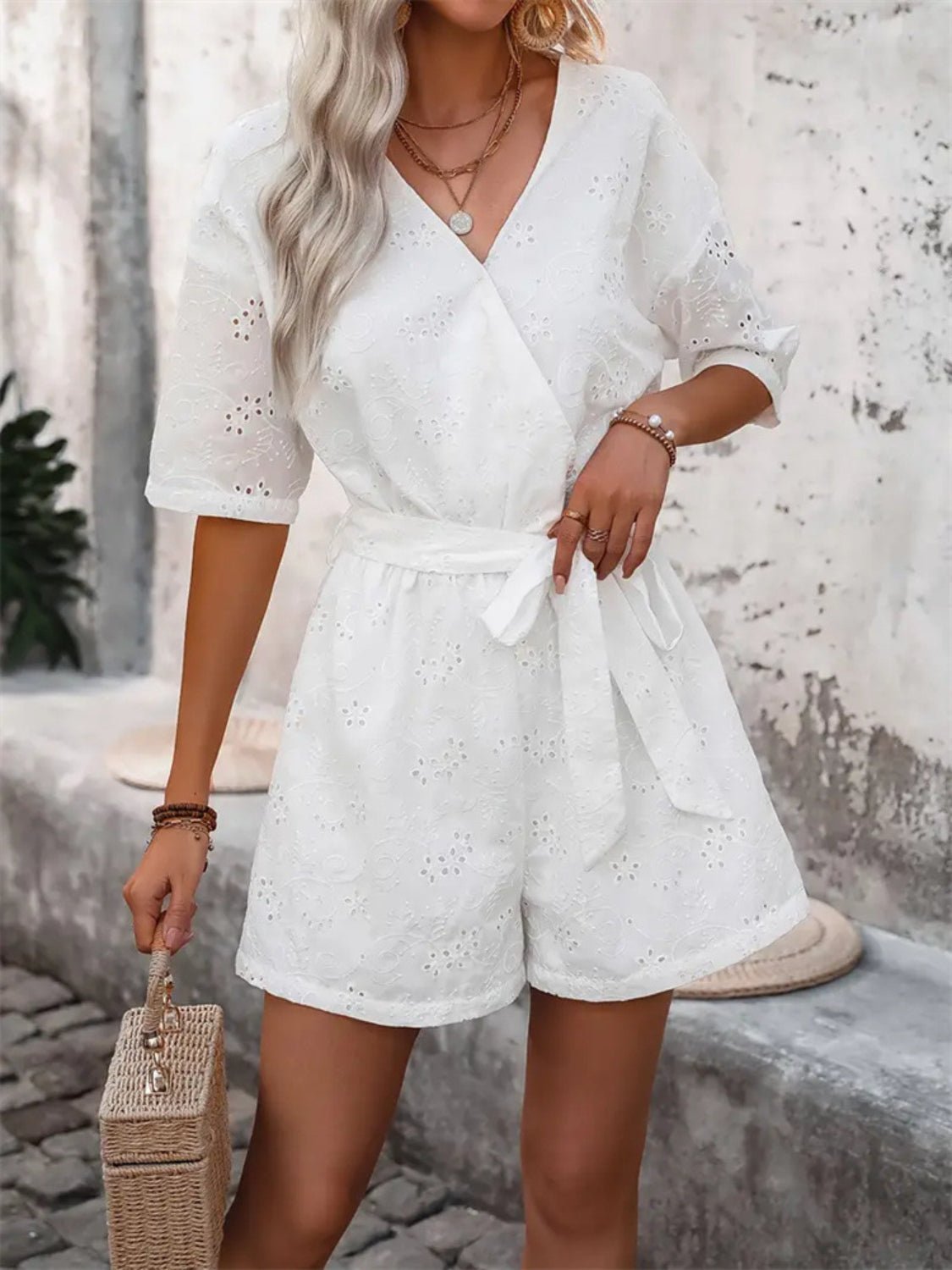 Tied Front Eyelet Romper - ViarousViarousViarous
