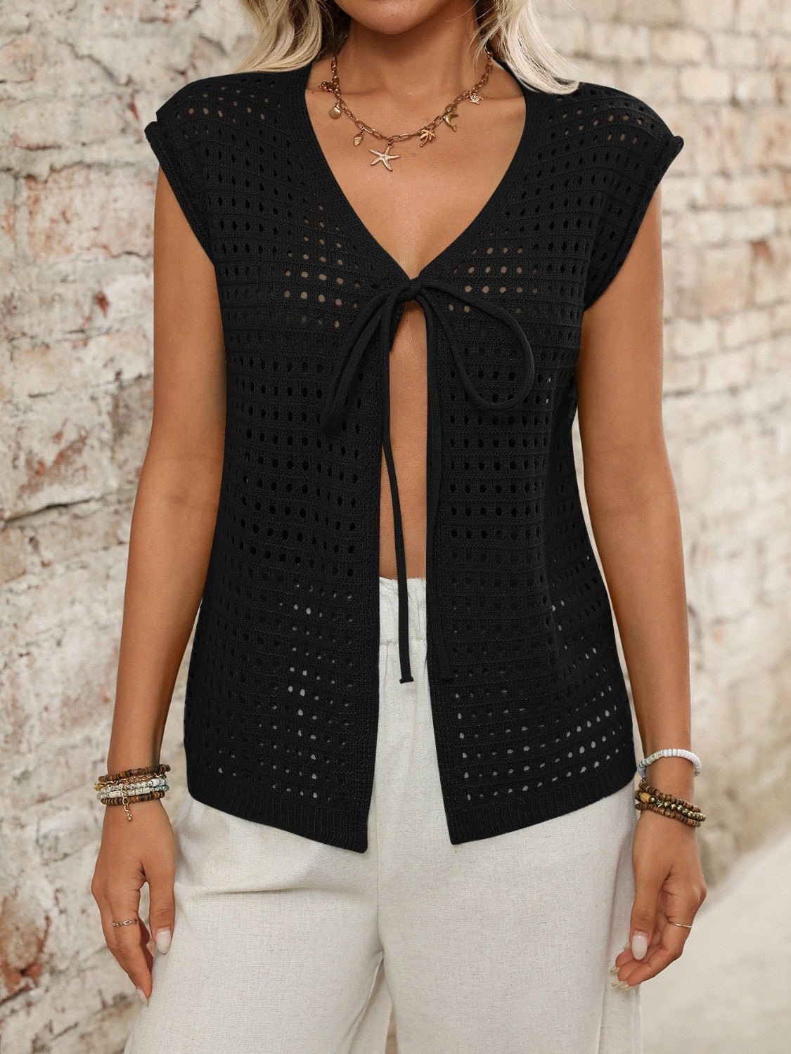 Tied Front Openwork V - Neck Knit Top - ViarousViarousViarous