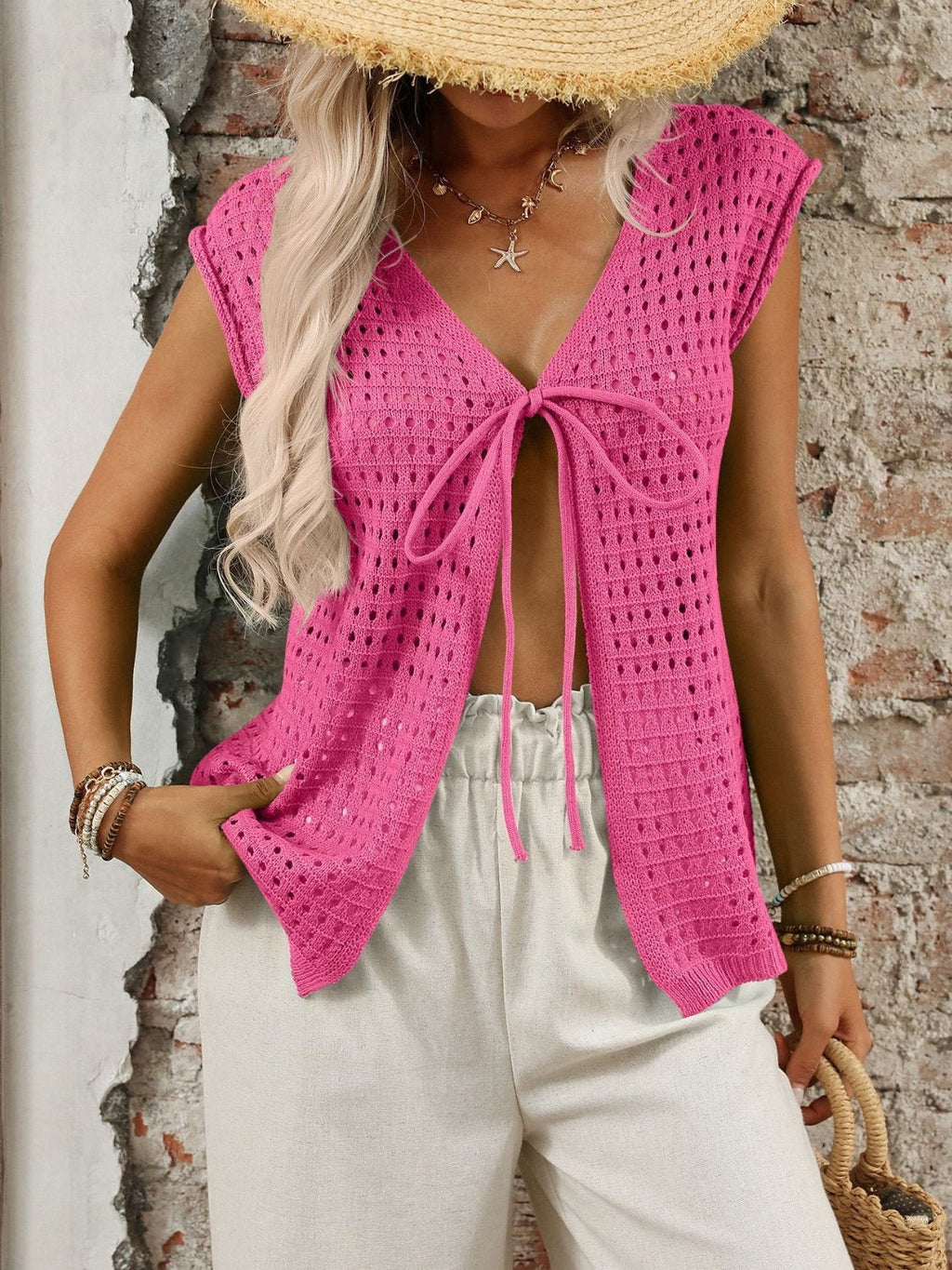 Tied Front Openwork V - Neck Knit Top - ViarousViarousViarous
