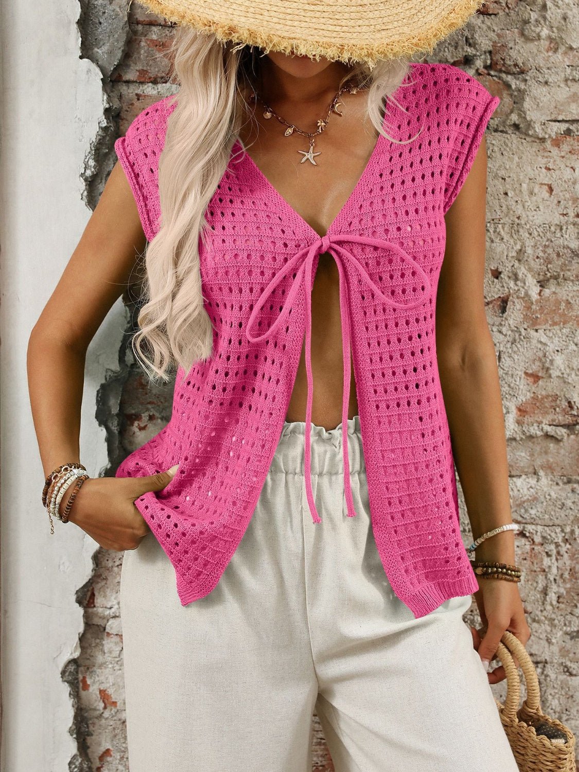 Tied Front Openwork V - Neck Knit Top - ViarousViarousViarous