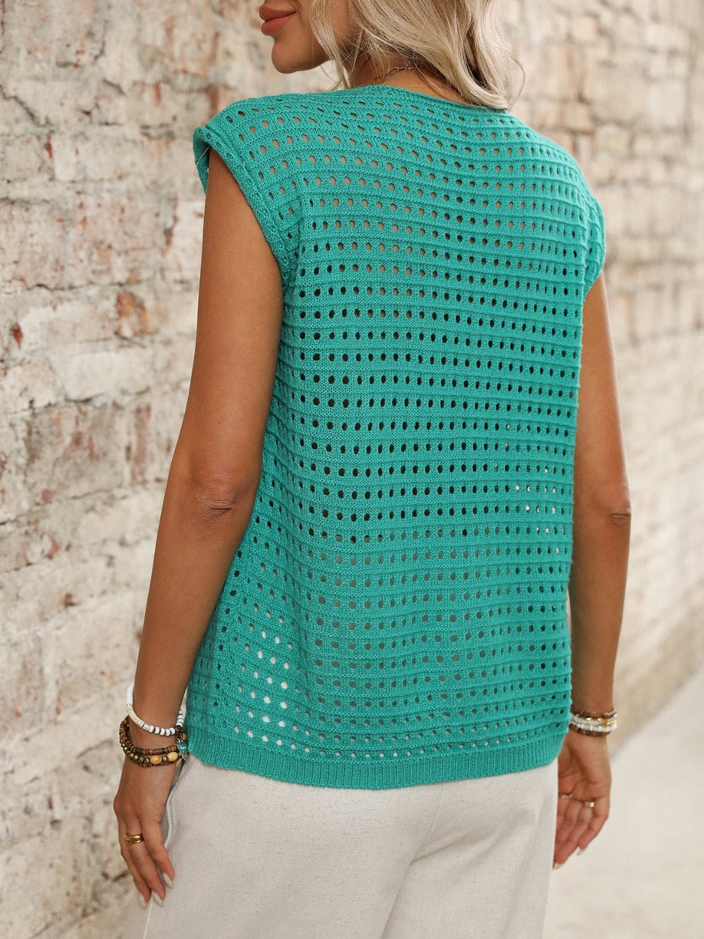 Tied Front Openwork V - Neck Knit Top - ViarousViarousViarous