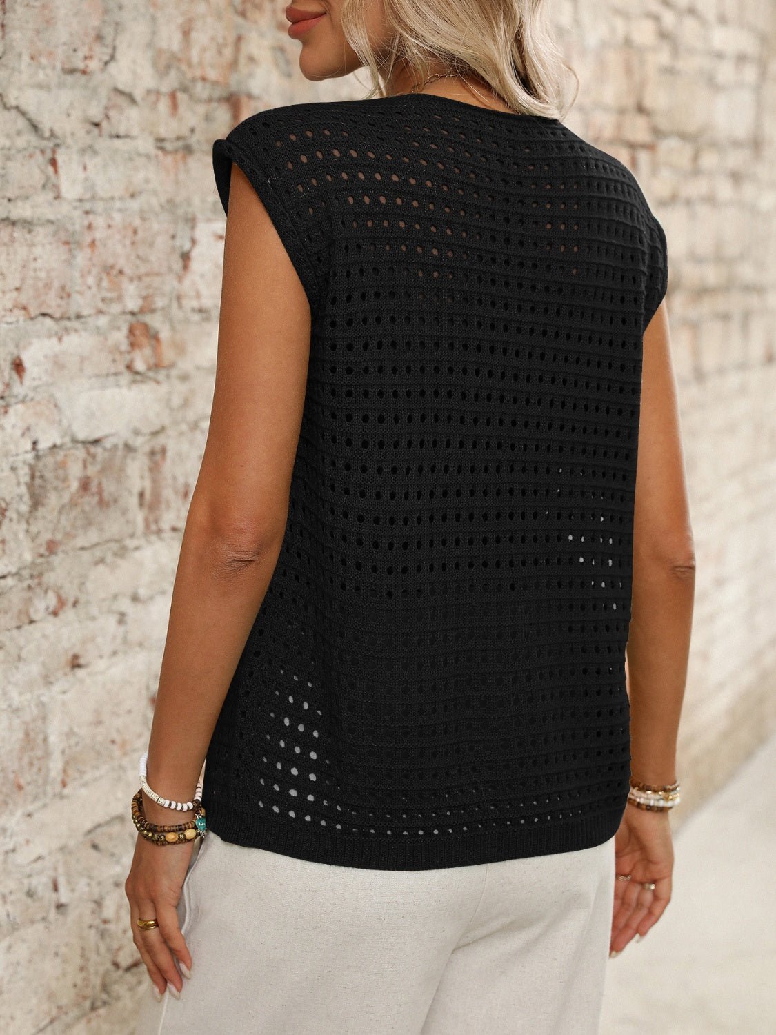 Tied Front Openwork V - Neck Knit Top - ViarousViarousViarous