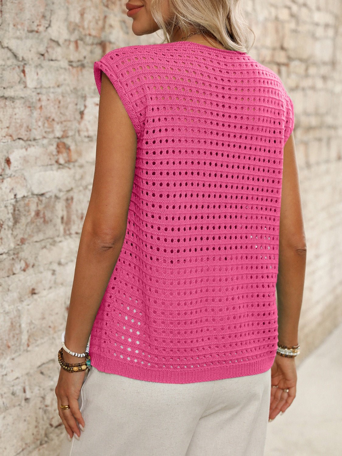 Tied Front Openwork V - Neck Knit Top - ViarousViarousViarous