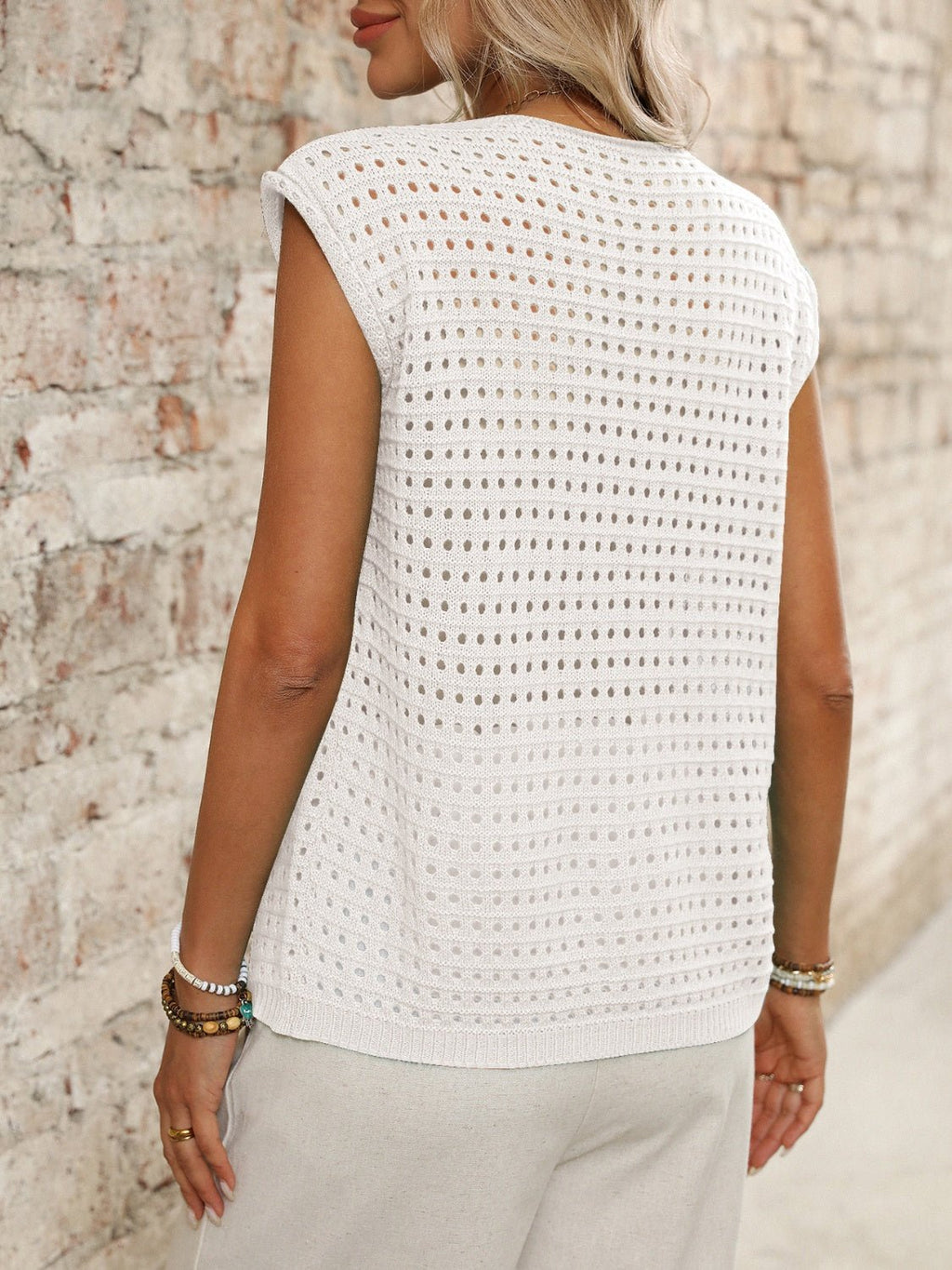 Tied Front Openwork V - Neck Knit Top - ViarousViarousViarous