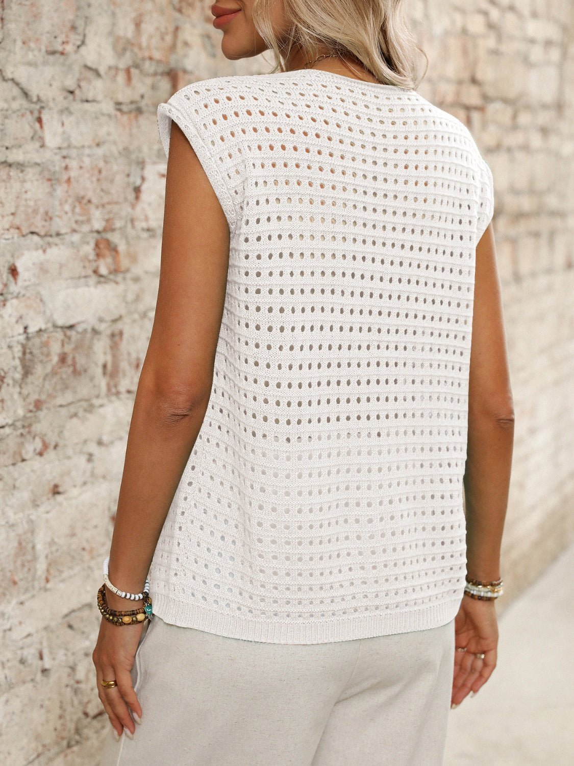 Tied Front Openwork V - Neck Knit Top - ViarousViarousViarous