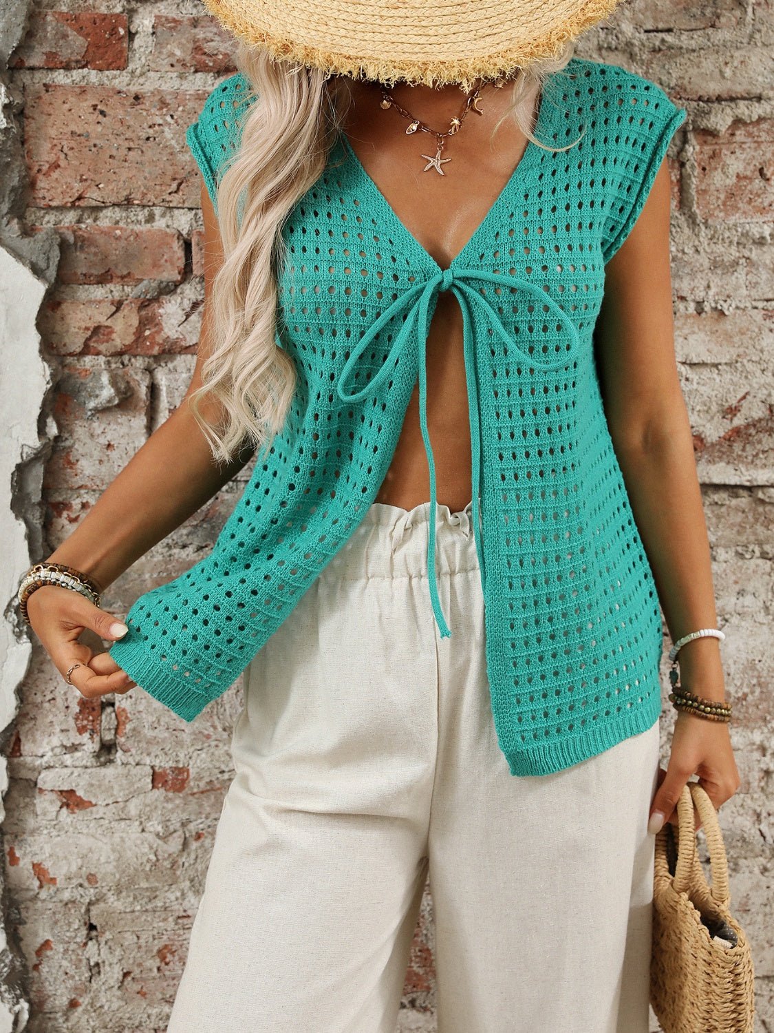 Tied Front Openwork V - Neck Knit Top - ViarousViarousViarous