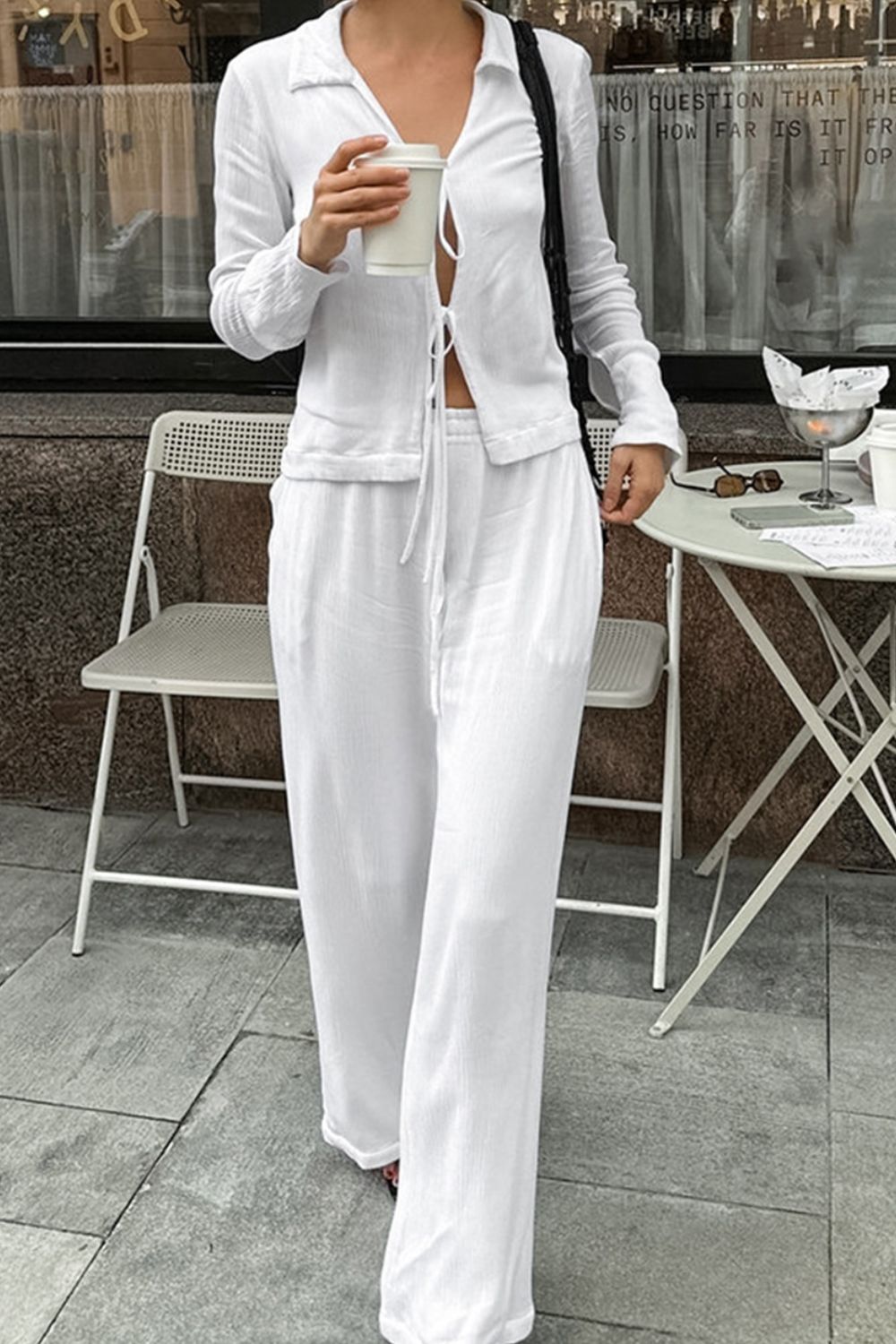 Tied Johnny Collar Long Sleeve Top and Pants Set - ViarousViarousViarous
