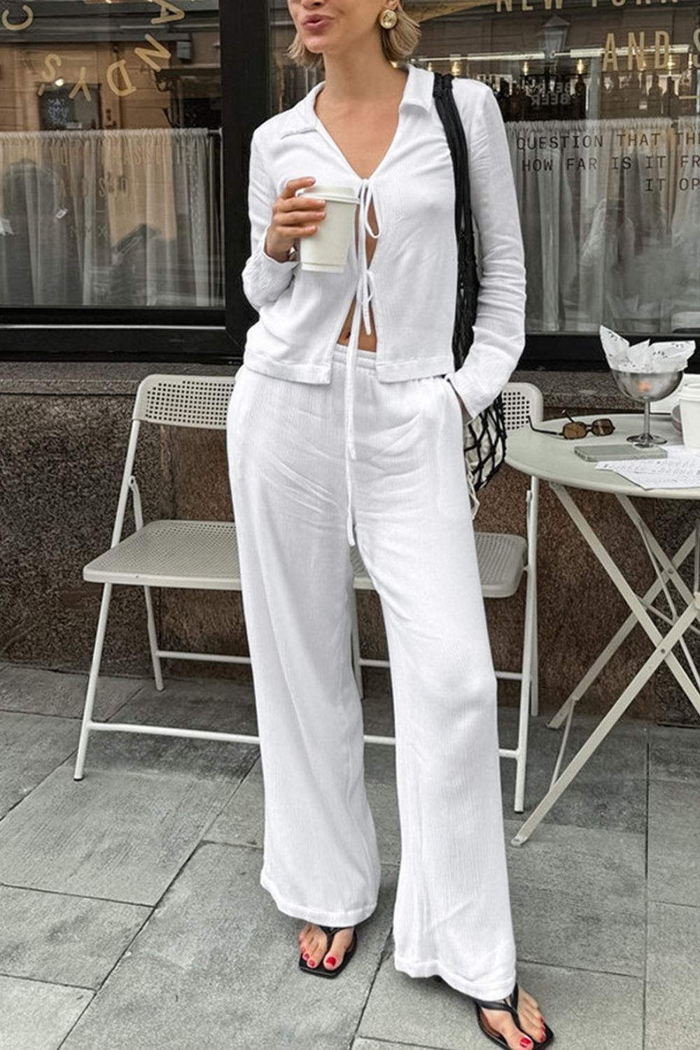 Tied Johnny Collar Long Sleeve Top and Pants Set - ViarousViarousViarous