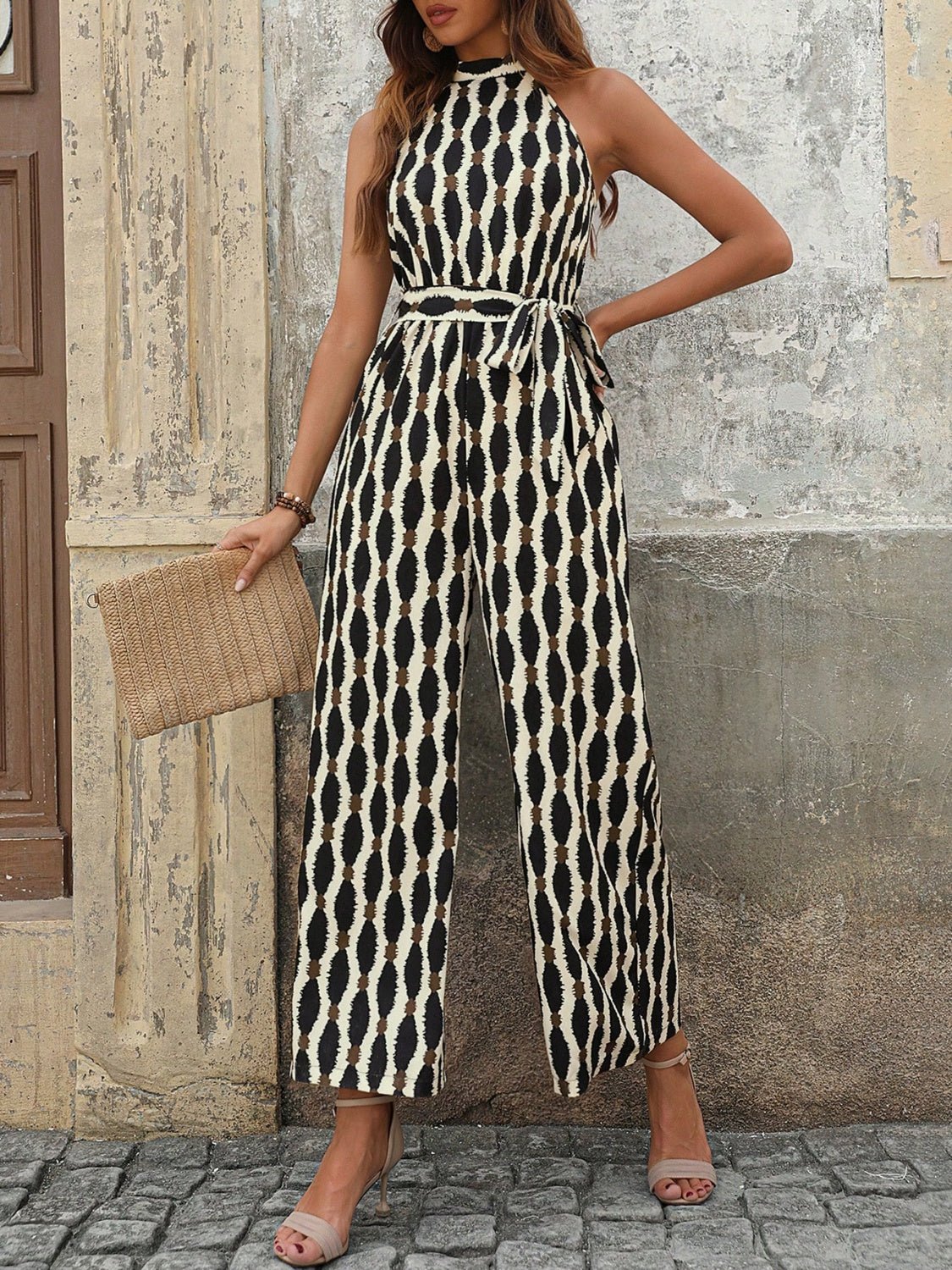 Tied Printed Grecian Neck Jumpsuit - ViarousViarousViarous