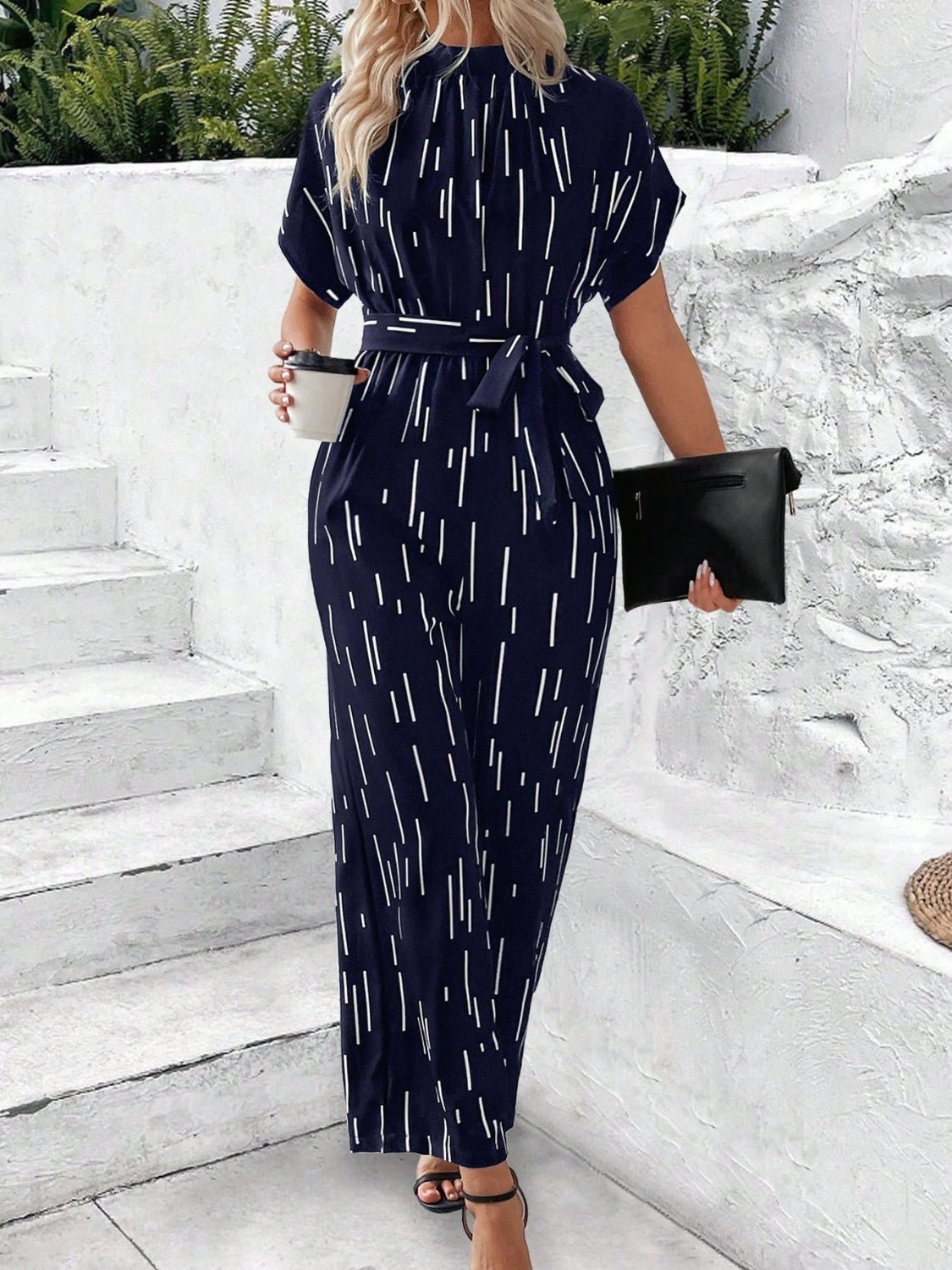 Tied Printed Mock Neck Wide Leg Jumpsuit - ViarousViarousViarous