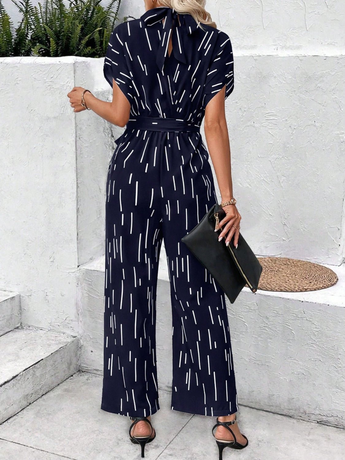 Tied Printed Mock Neck Wide Leg Jumpsuit - ViarousViarousViarous