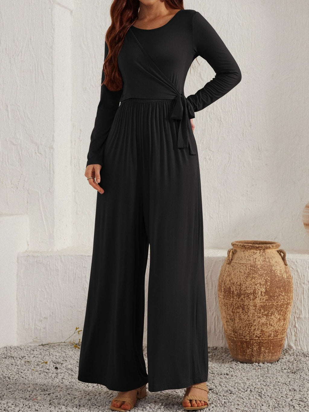 Tied Round Neck Long Sleeve Jumpsuit - ViarousViarousViarous