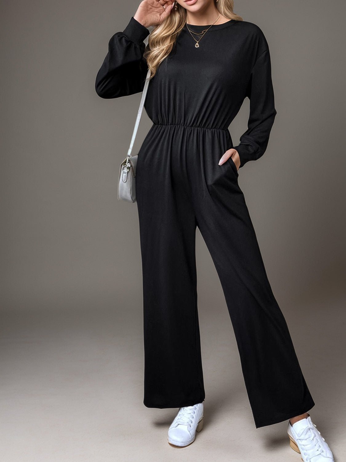 Tied Round Neck Wide Leg Jumpsuit - ViarousViarousViarous