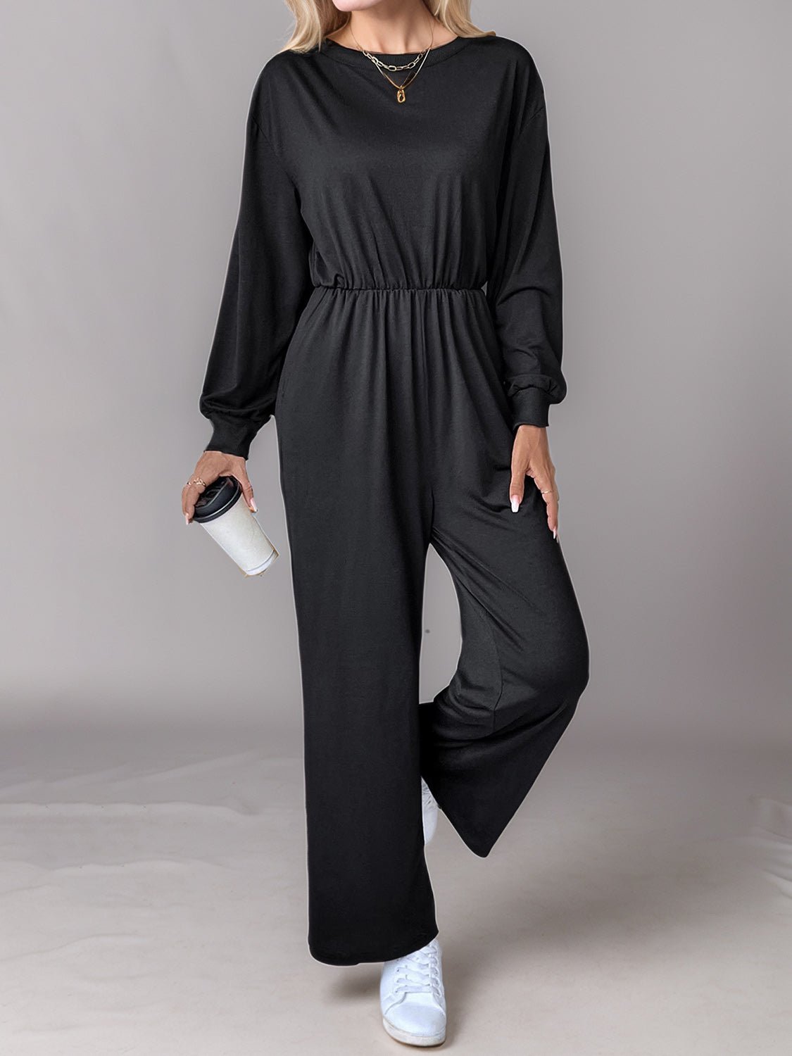 Tied Round Neck Wide Leg Jumpsuit - ViarousViarousViarous