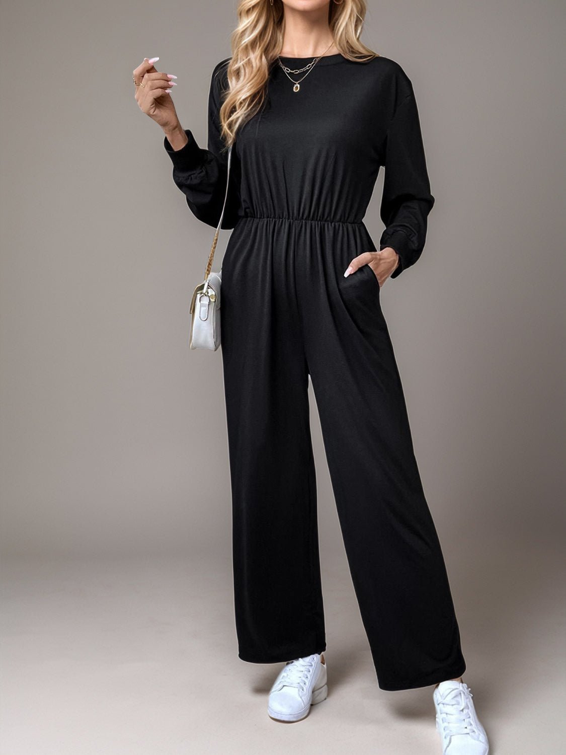 Tied Round Neck Wide Leg Jumpsuit - ViarousViarousViarous