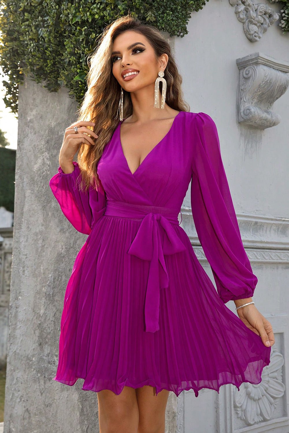 Tied Surplice Neck Pleated Dress - ViarousViarousViarous