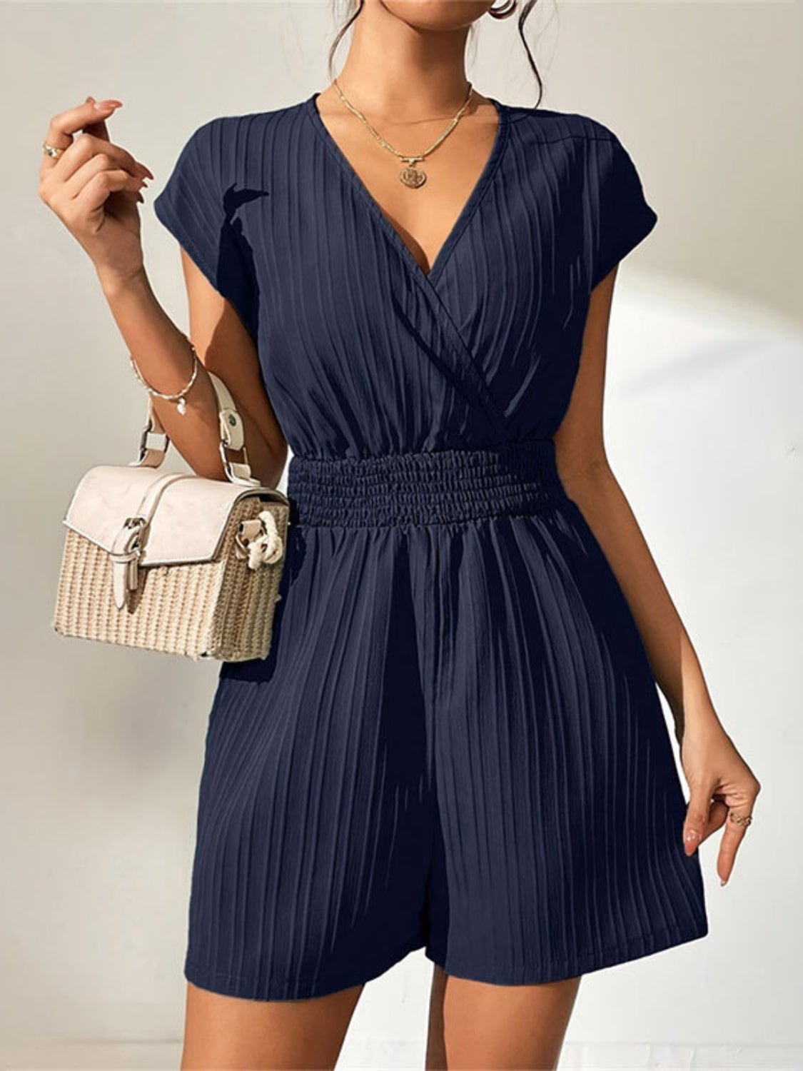 Tied Surplice Short Sleeve Romper - ViarousViarousViarous
