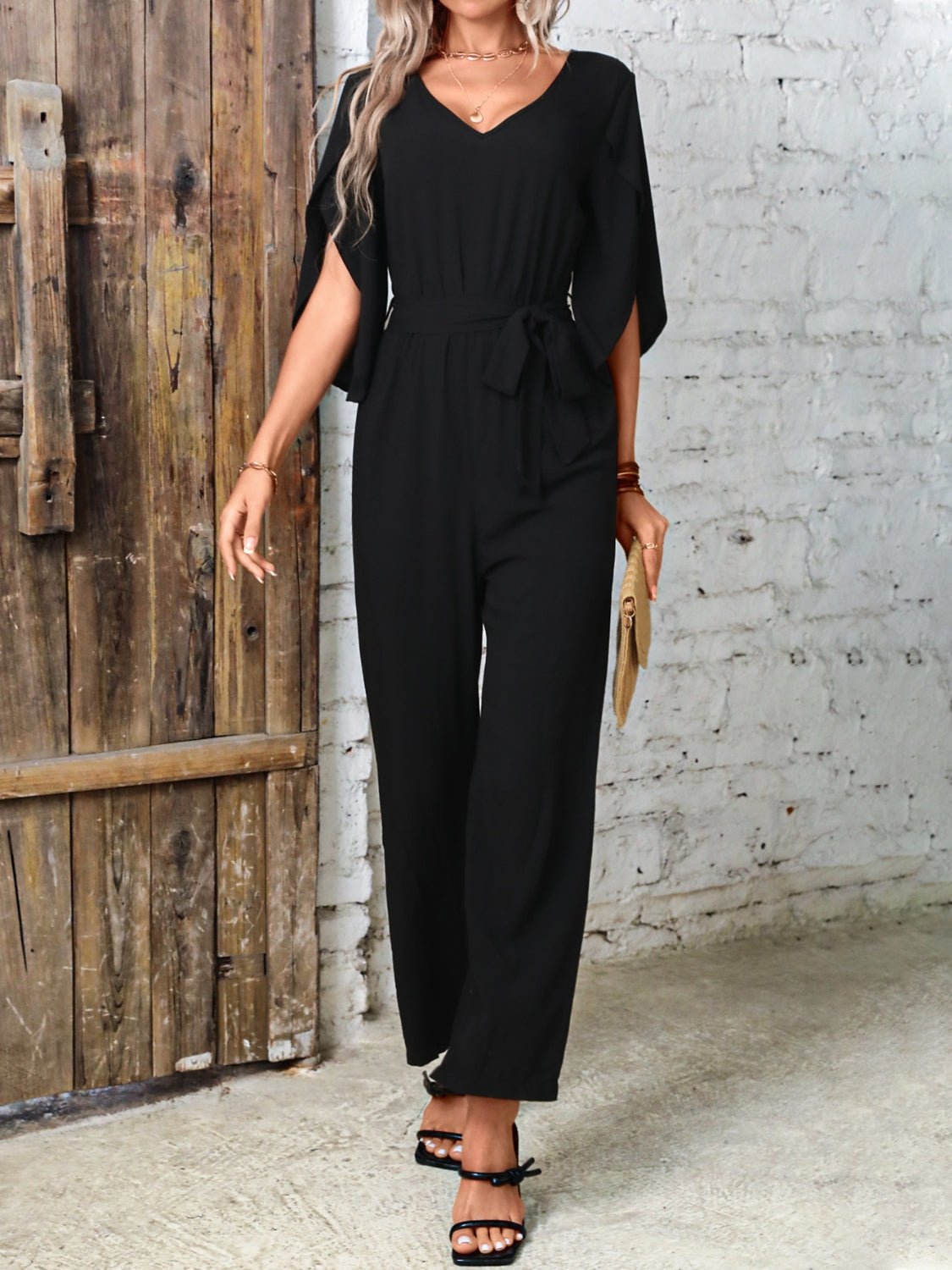 Tied V - Neck Half Sleeve Wide Leg Jumpsuit - ViarousViarousViarous