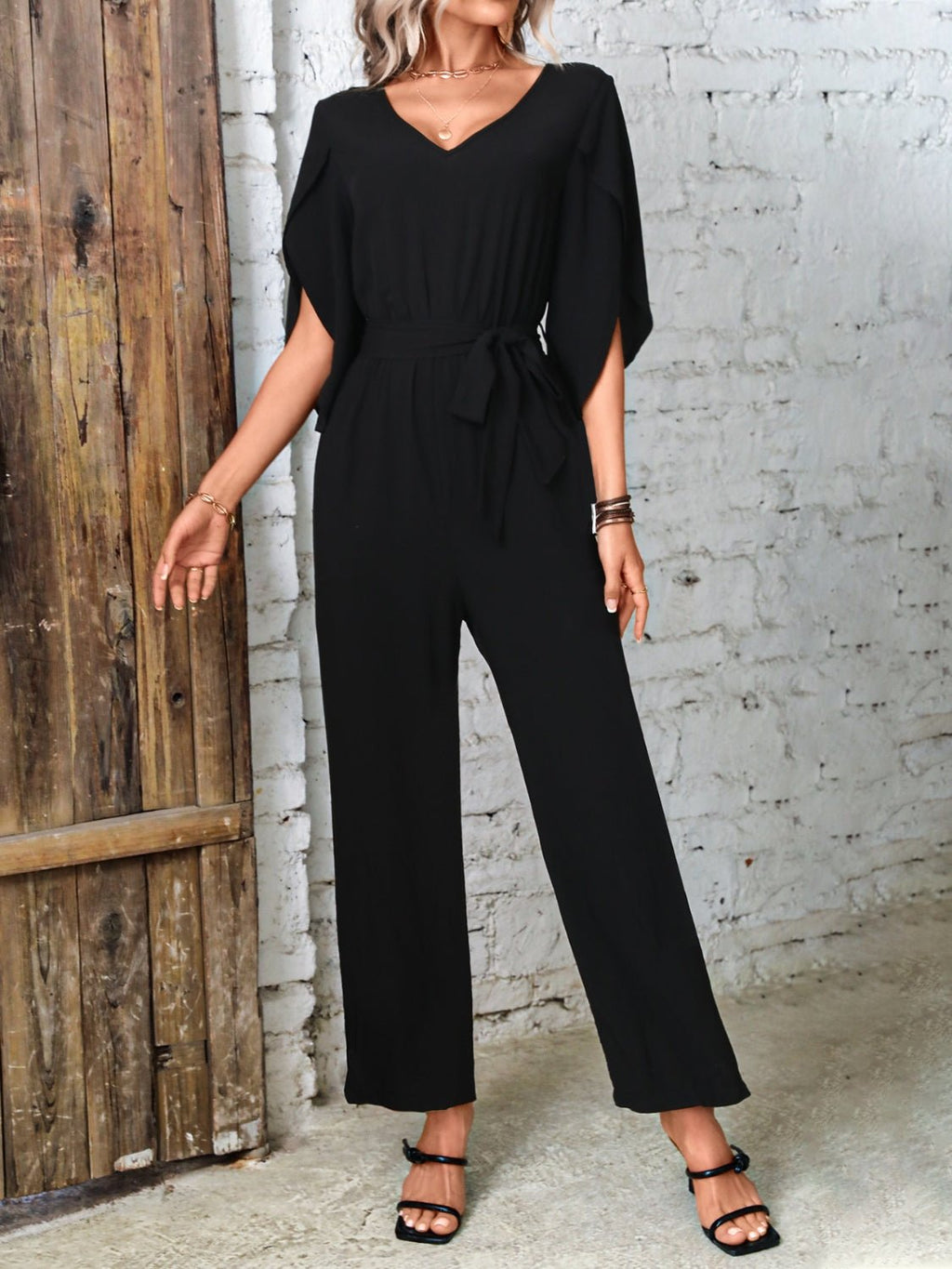 Tied V - Neck Half Sleeve Wide Leg Jumpsuit - ViarousViarousViarous