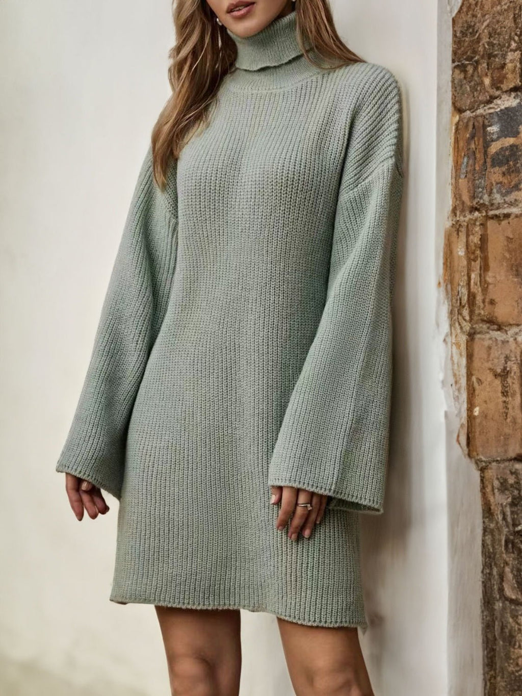 Turtleneck Dropped Shoulder Sweater Dress - ViarousViarousViarous