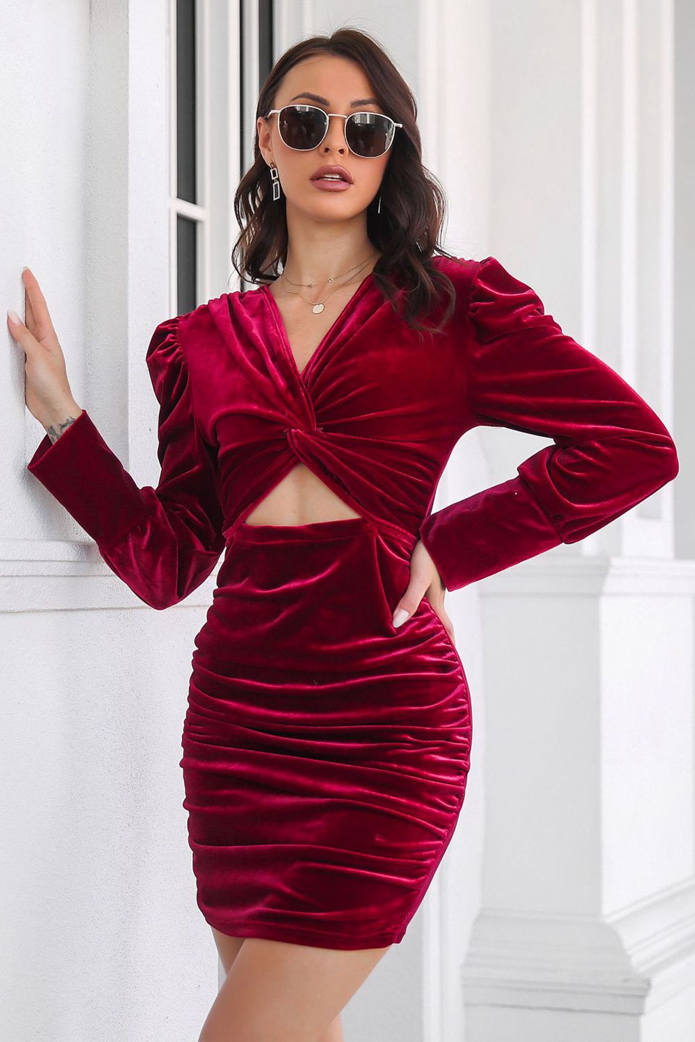 Twist Front Cutout Long Sleeve Dress - ViarousViarousViarous