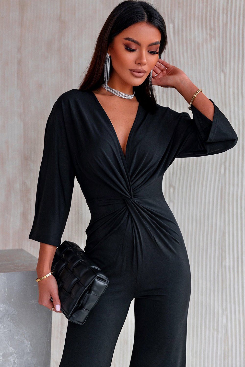 Twisted Plunge Three - Quarter Sleeve Jumpsuit - ViarousViarousViarous