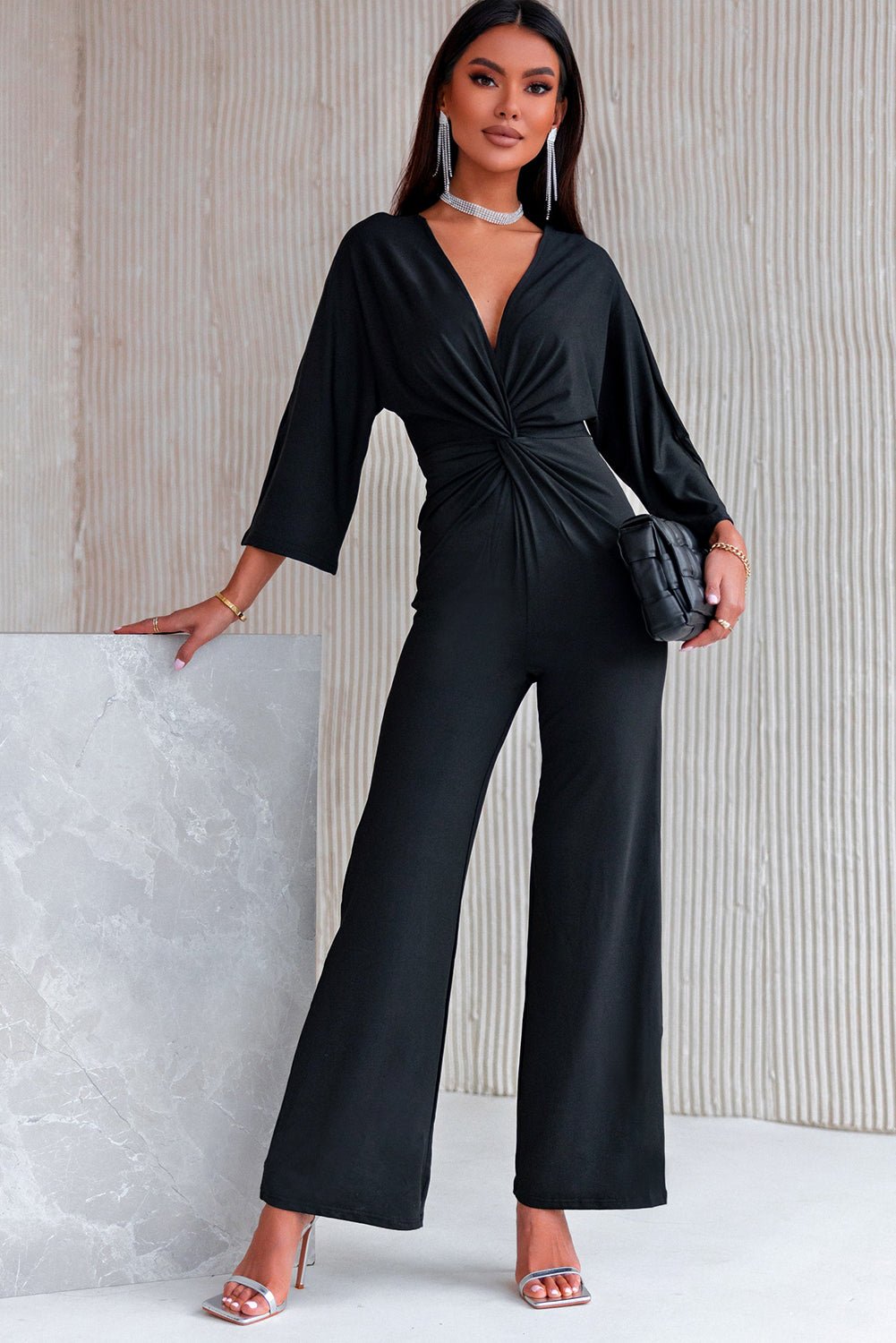 Twisted Plunge Three - Quarter Sleeve Jumpsuit - ViarousViarousViarous