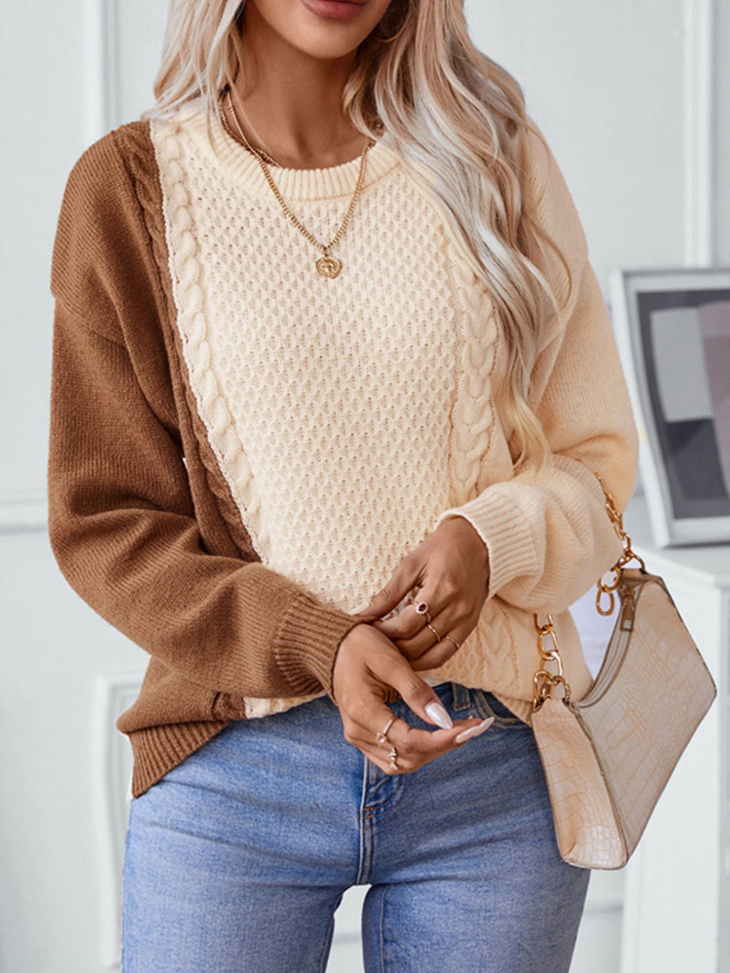 Two Tone Cable Knit Round Neck Long Sleeve Sweater - ViarousViarousViarous