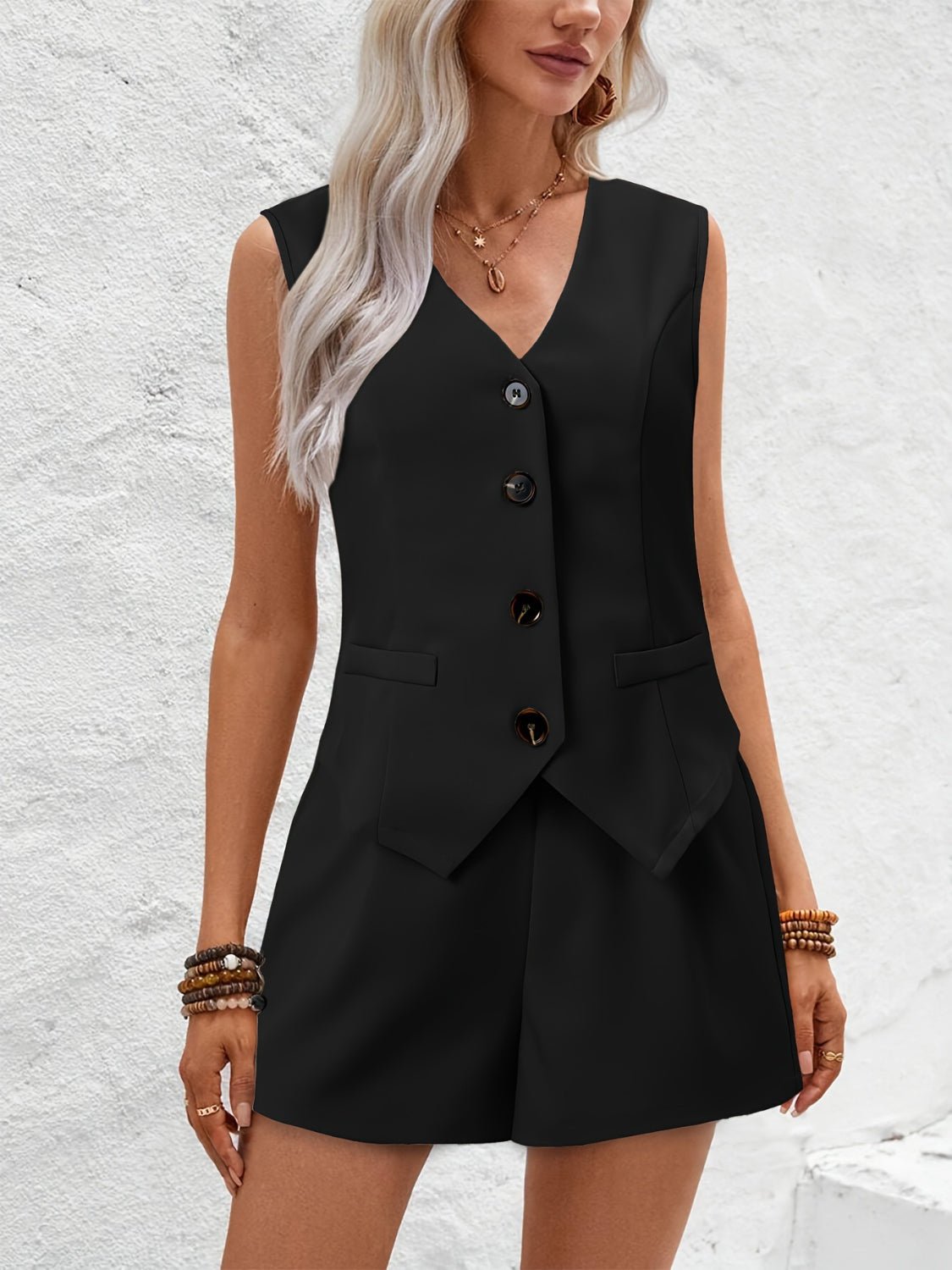V - Neck Button Down Vest and Shorts Set - ViarousViarousViarous