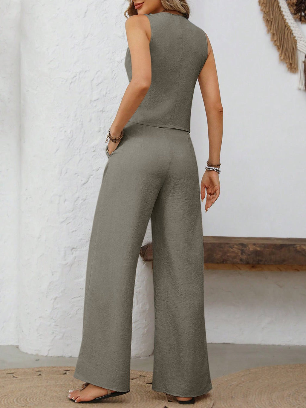 V - Neck Button Down Vest and Wide Leg Pants Set - ViarousViarousViarous