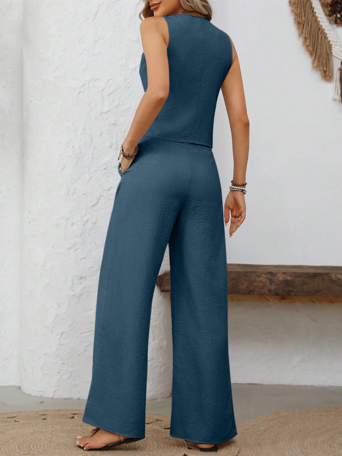 V - Neck Button Down Vest and Wide Leg Pants Set - ViarousViarousViarous