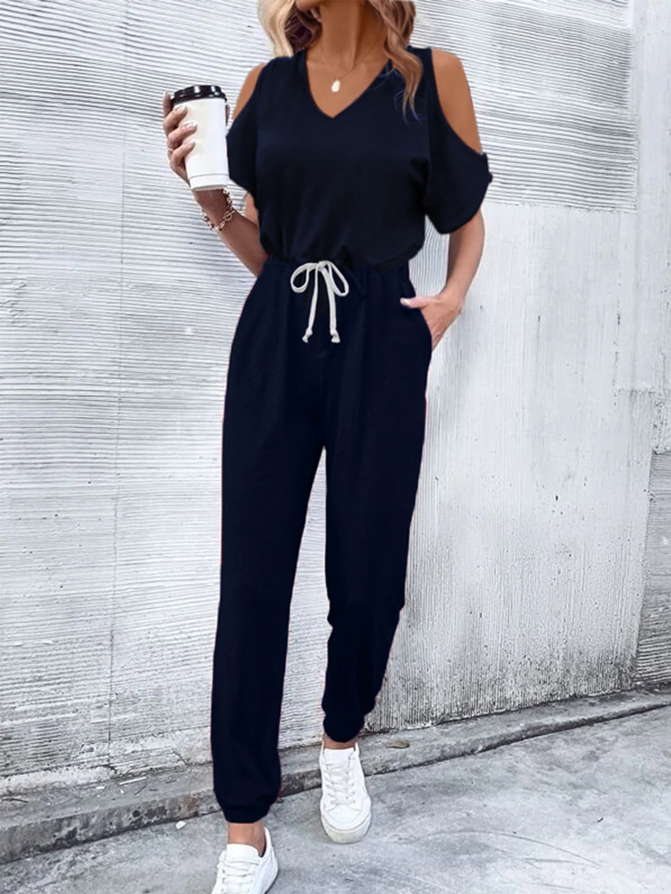 V - Neck Cold - Shoulder Jumpsuit with Pockets - ViarousViarousViarous