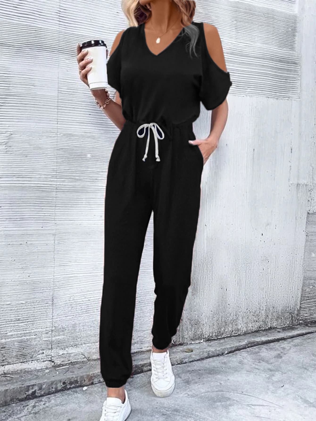 V - Neck Cold - Shoulder Jumpsuit with Pockets - ViarousViarousViarous
