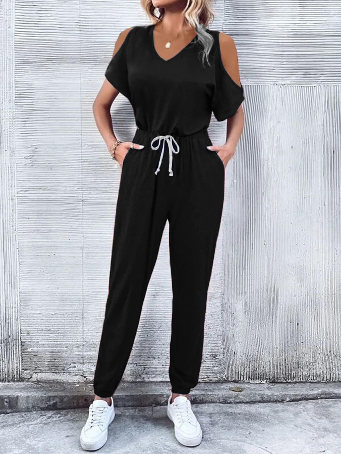 V - Neck Cold - Shoulder Jumpsuit with Pockets - ViarousViarousViarous