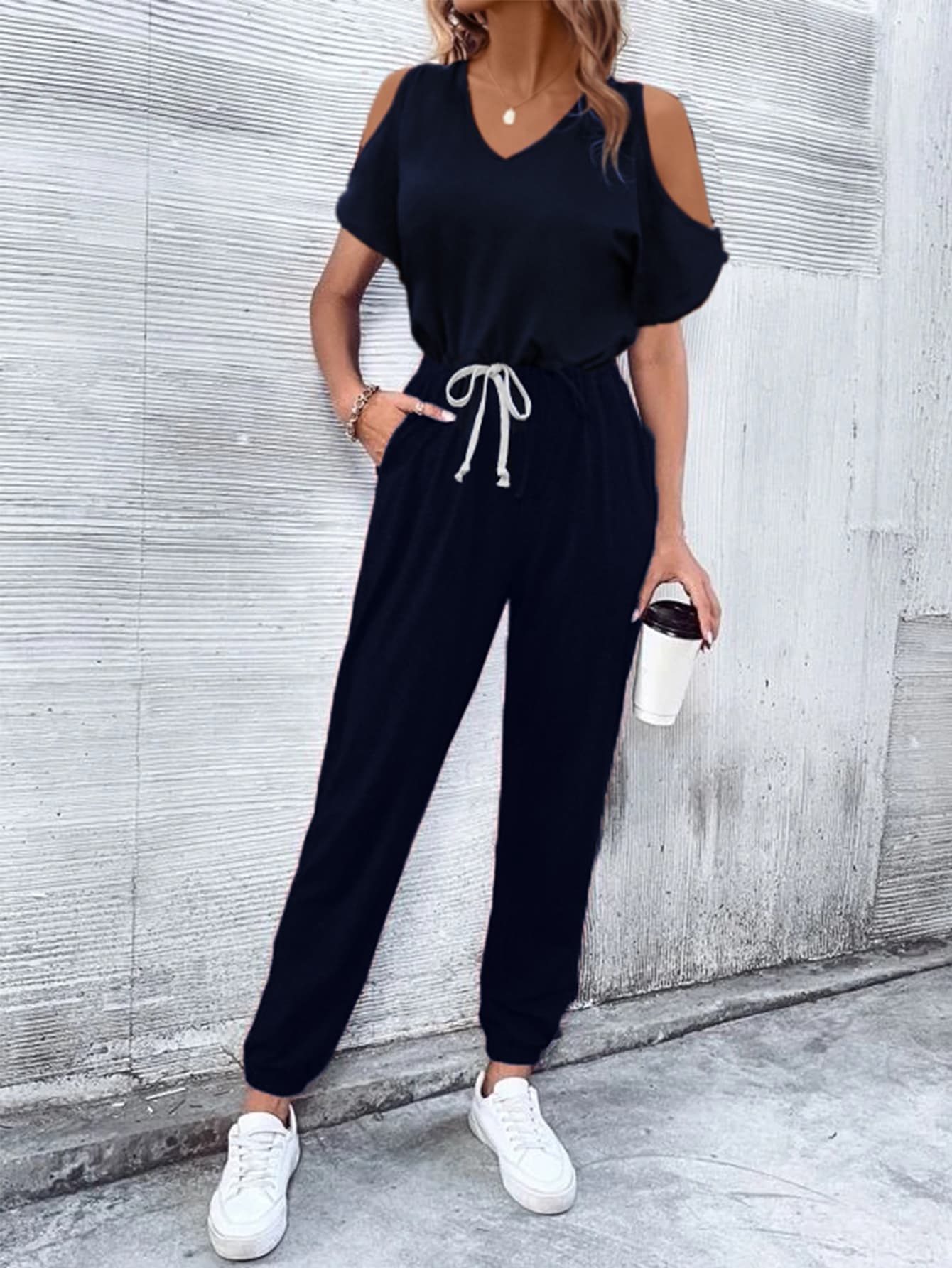 V - Neck Cold - Shoulder Jumpsuit with Pockets - ViarousViarousViarous