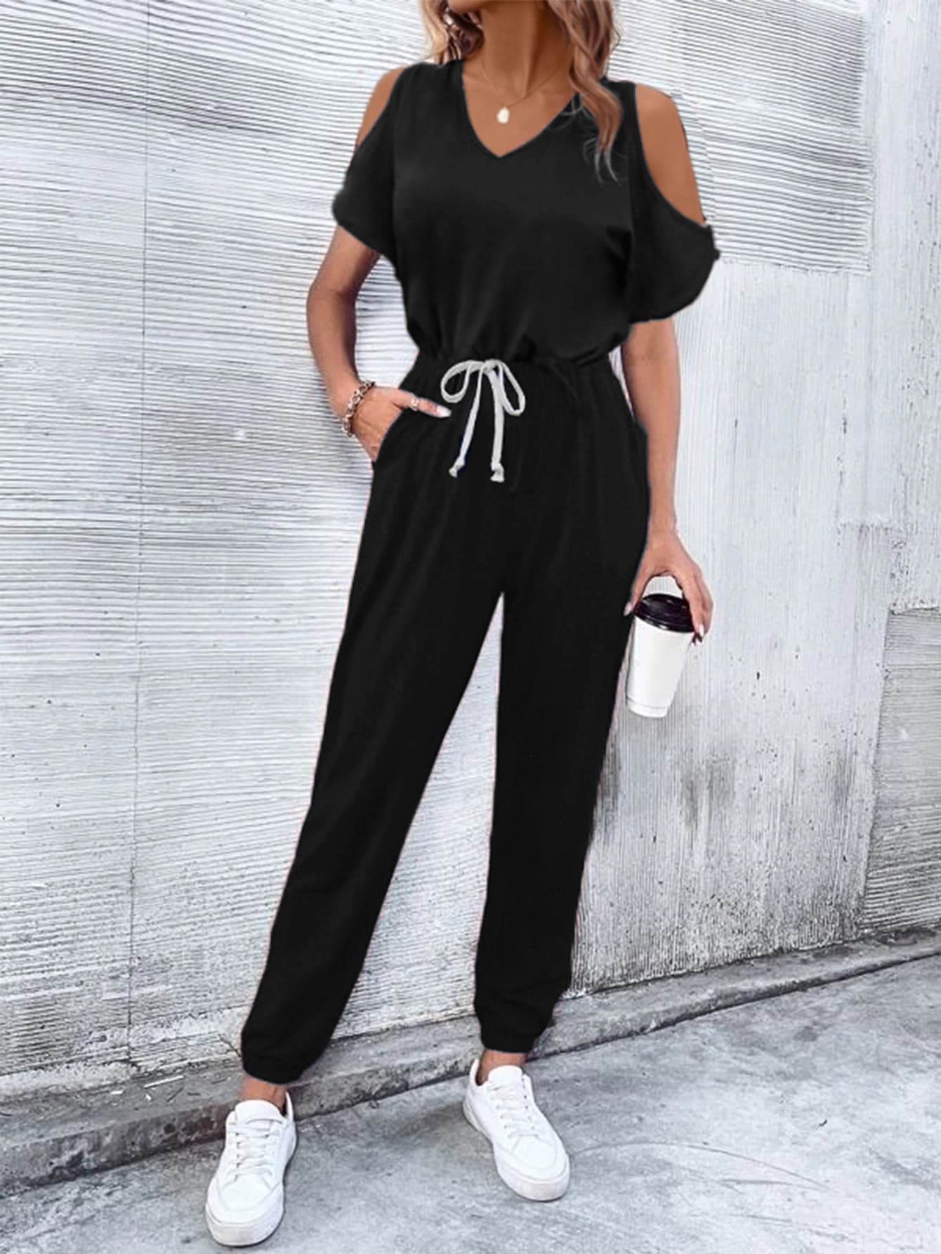 V - Neck Cold - Shoulder Jumpsuit with Pockets - ViarousViarousViarous