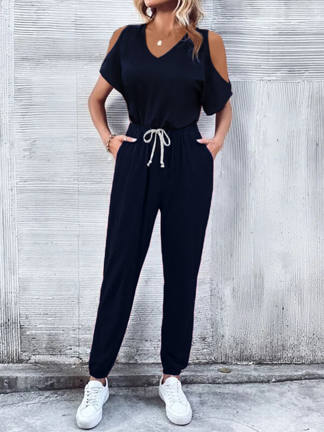 V - Neck Cold - Shoulder Jumpsuit with Pockets - ViarousViarousViarous